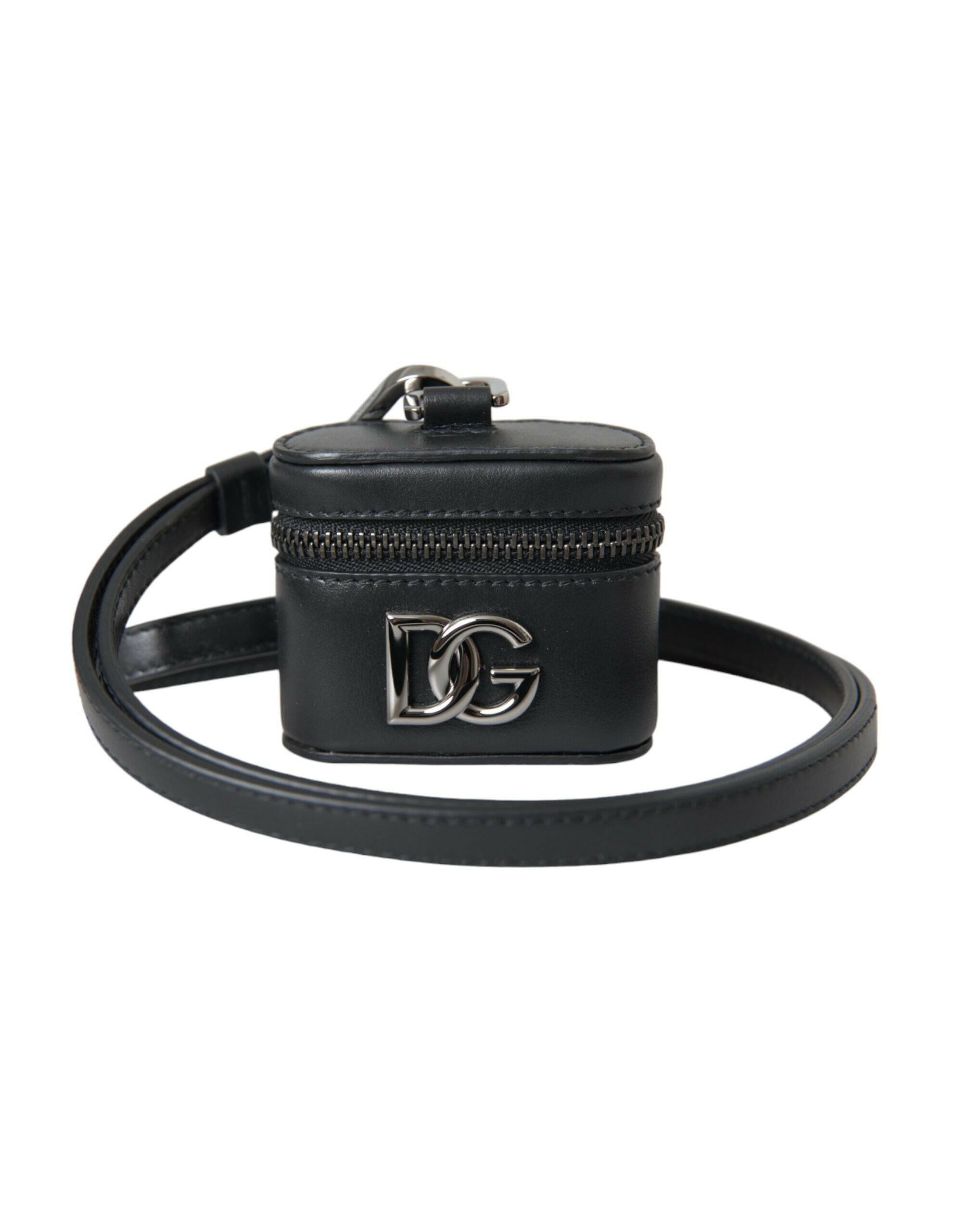 Dolce & Gabbana Black DG Logo Leather Silver Metal Airpods Case.