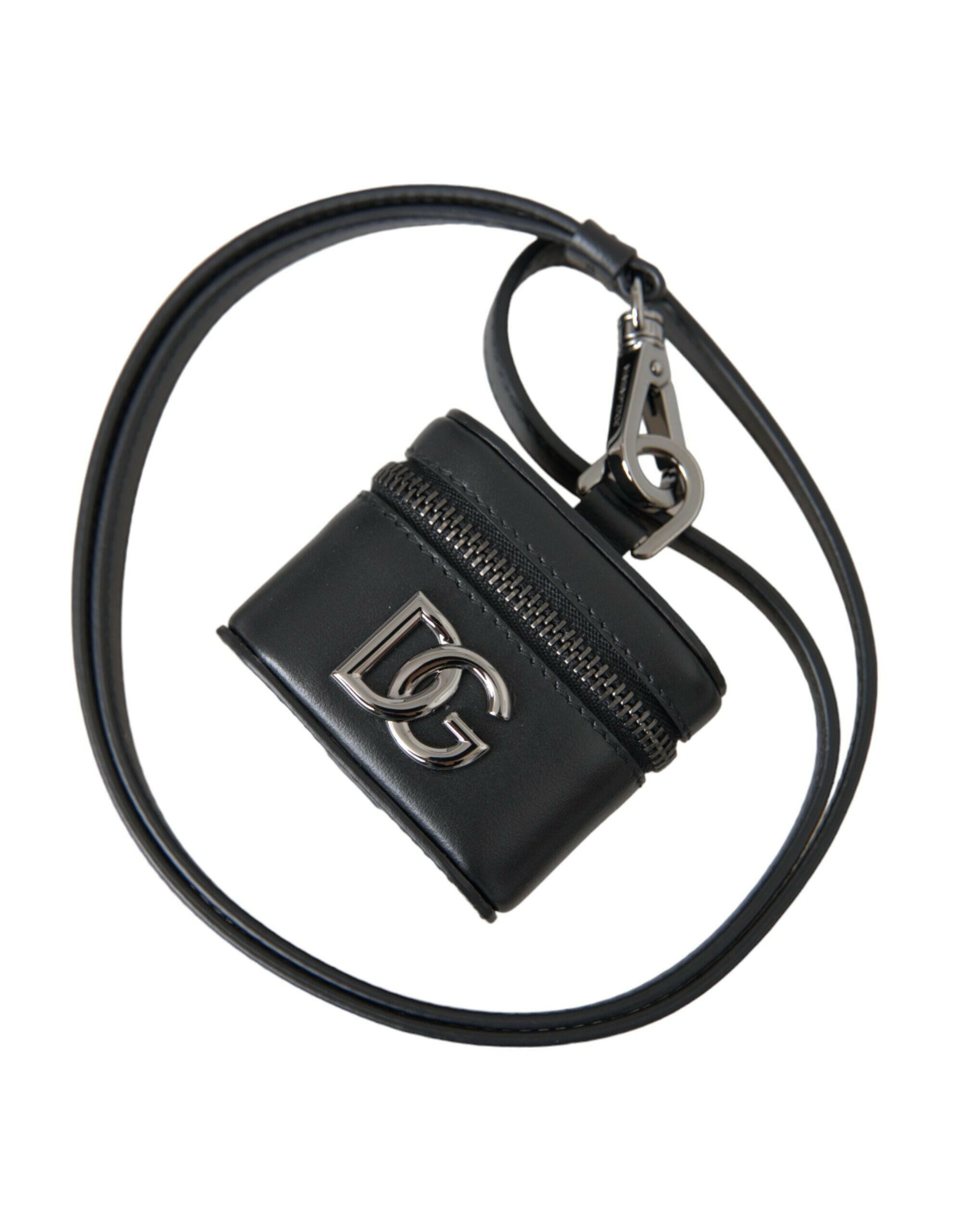 Dolce & Gabbana Black DG Logo Leather Silver Metal Airpods Case.
