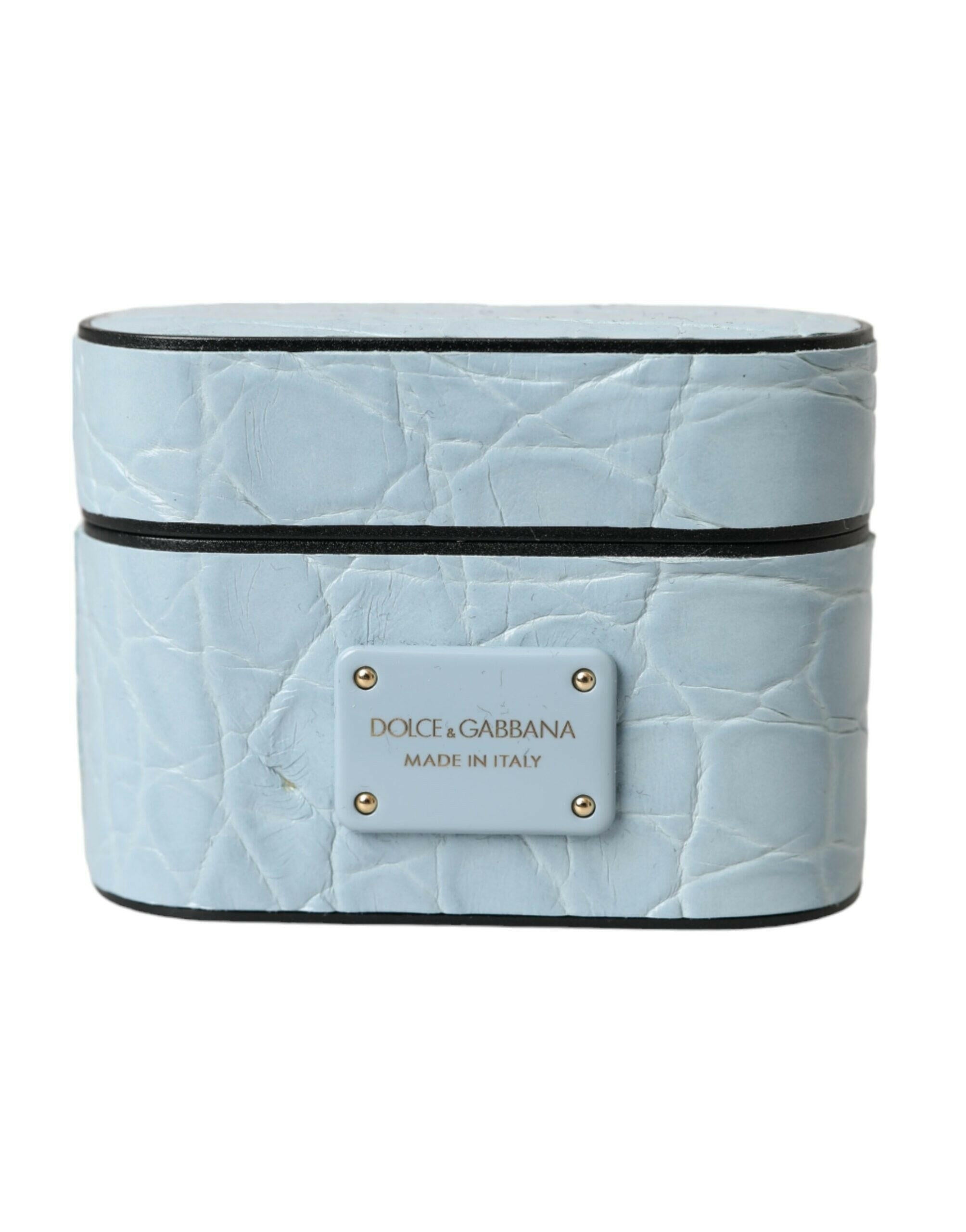 Dolce & Gabbana Light Blue Leather Metal Logo Plaque Airpods Case.