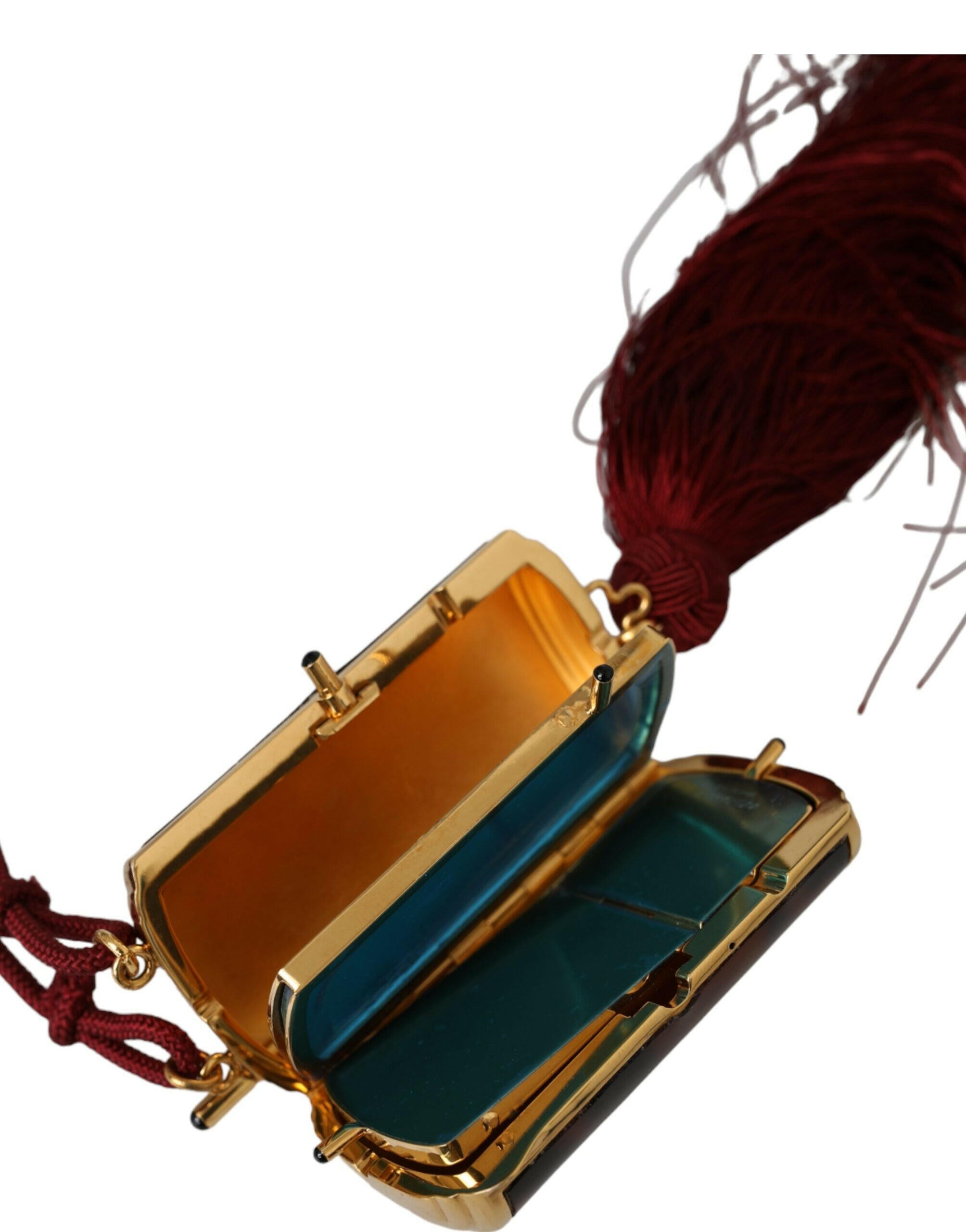 Dolce & Gabbana Brown Leopard Mini Mirror Tassel Make Up Holder Bag.