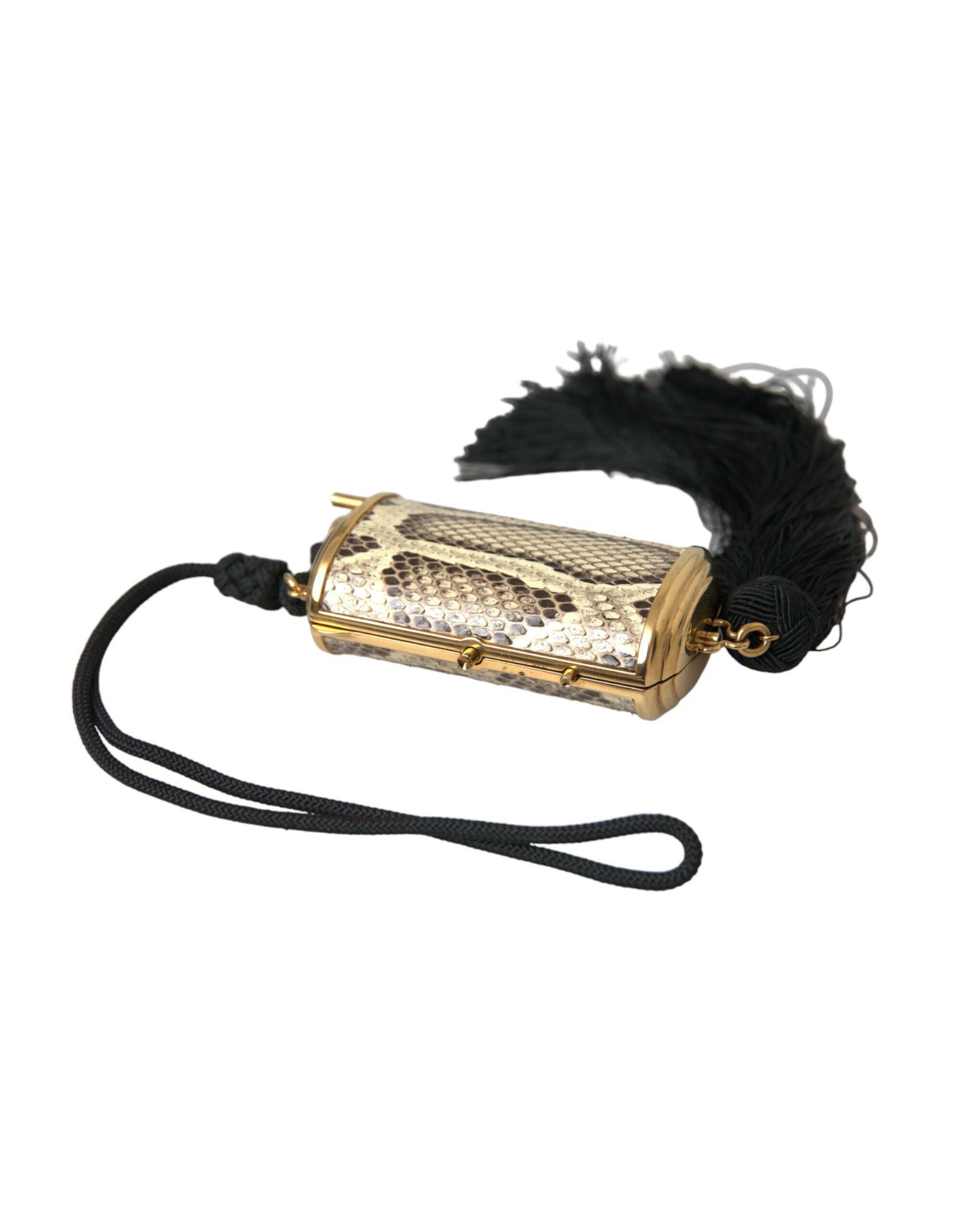 Dolce & Gabbana Beige Exotic Leather Mini Mirror Tassel Make Up Holder Bag.