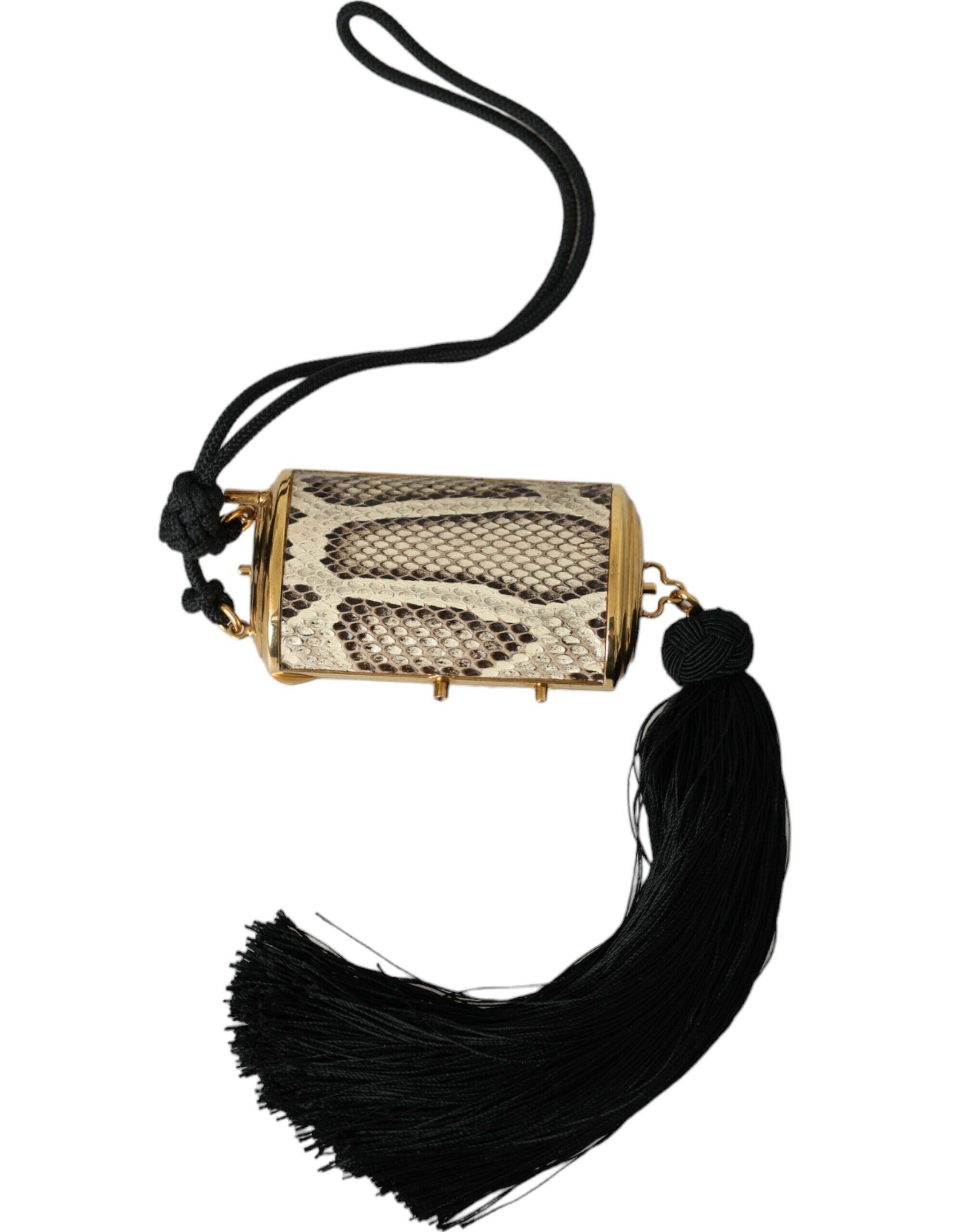 Dolce & Gabbana Beige Exotic Leather Mini Mirror Tassel Make Up Holder Bag.