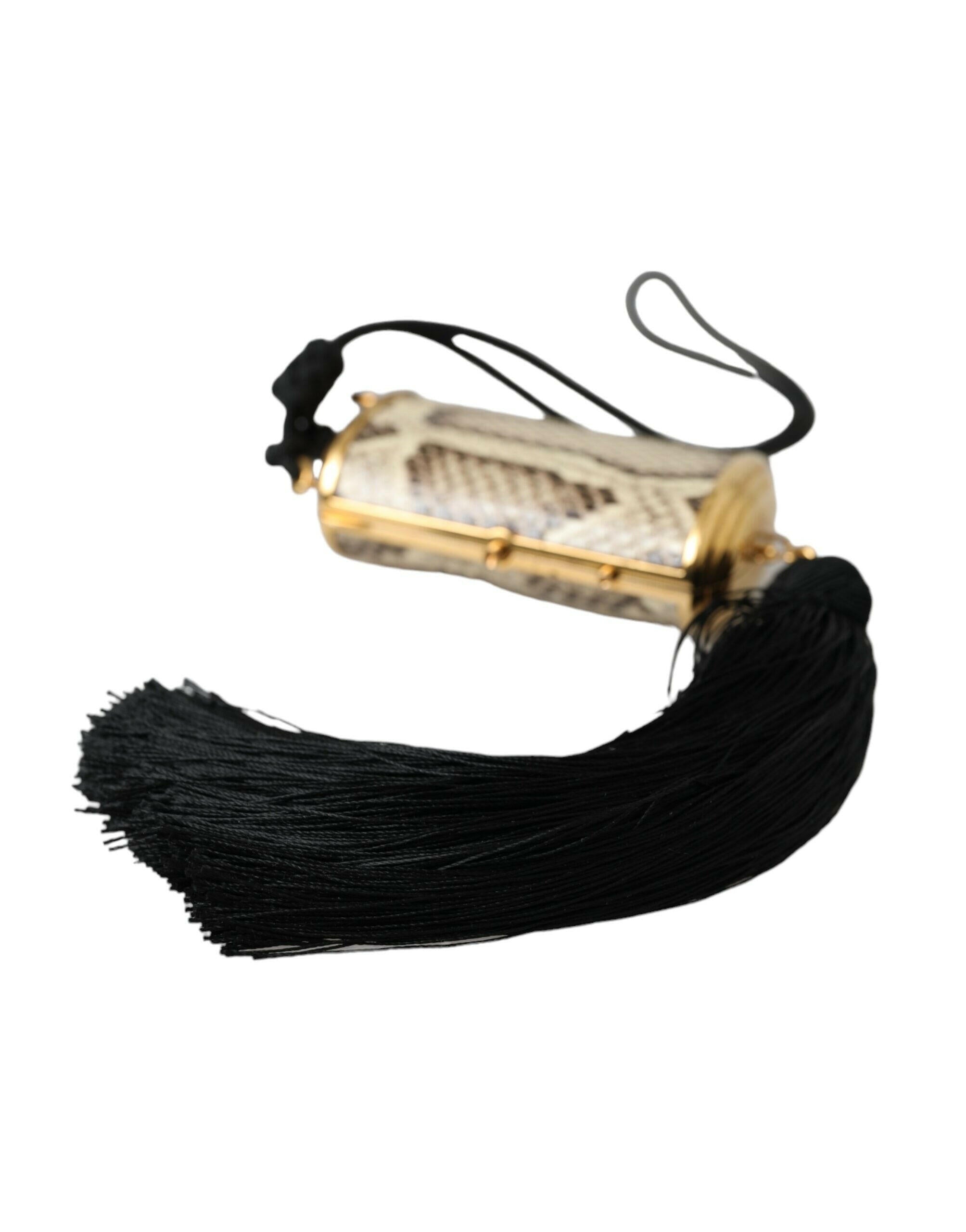 Dolce & Gabbana Beige Exotic Leather Mini Mirror Tassel Make Up Holder Bag.