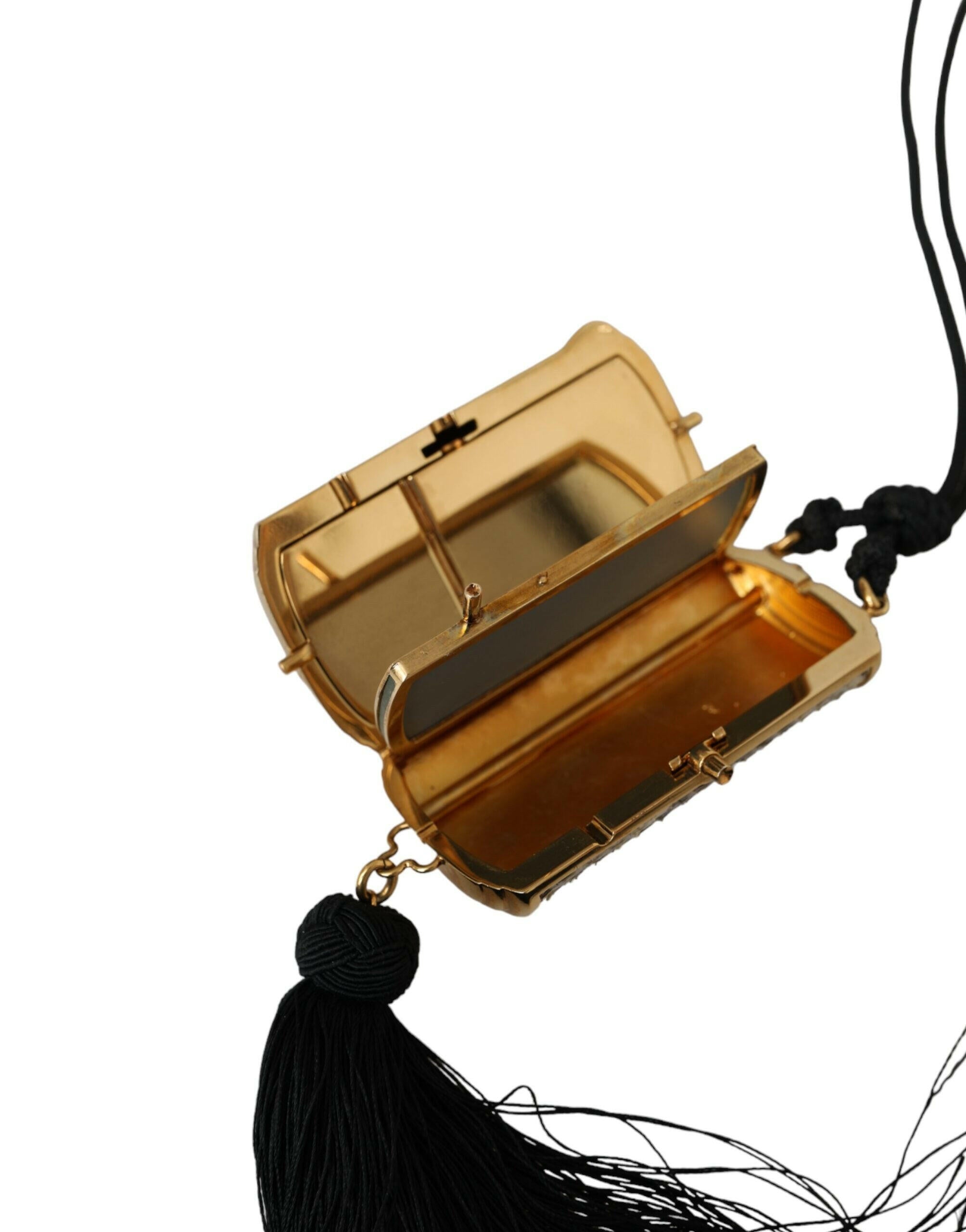 Dolce & Gabbana Beige Exotic Leather Mini Mirror Tassel Make Up Holder Bag.