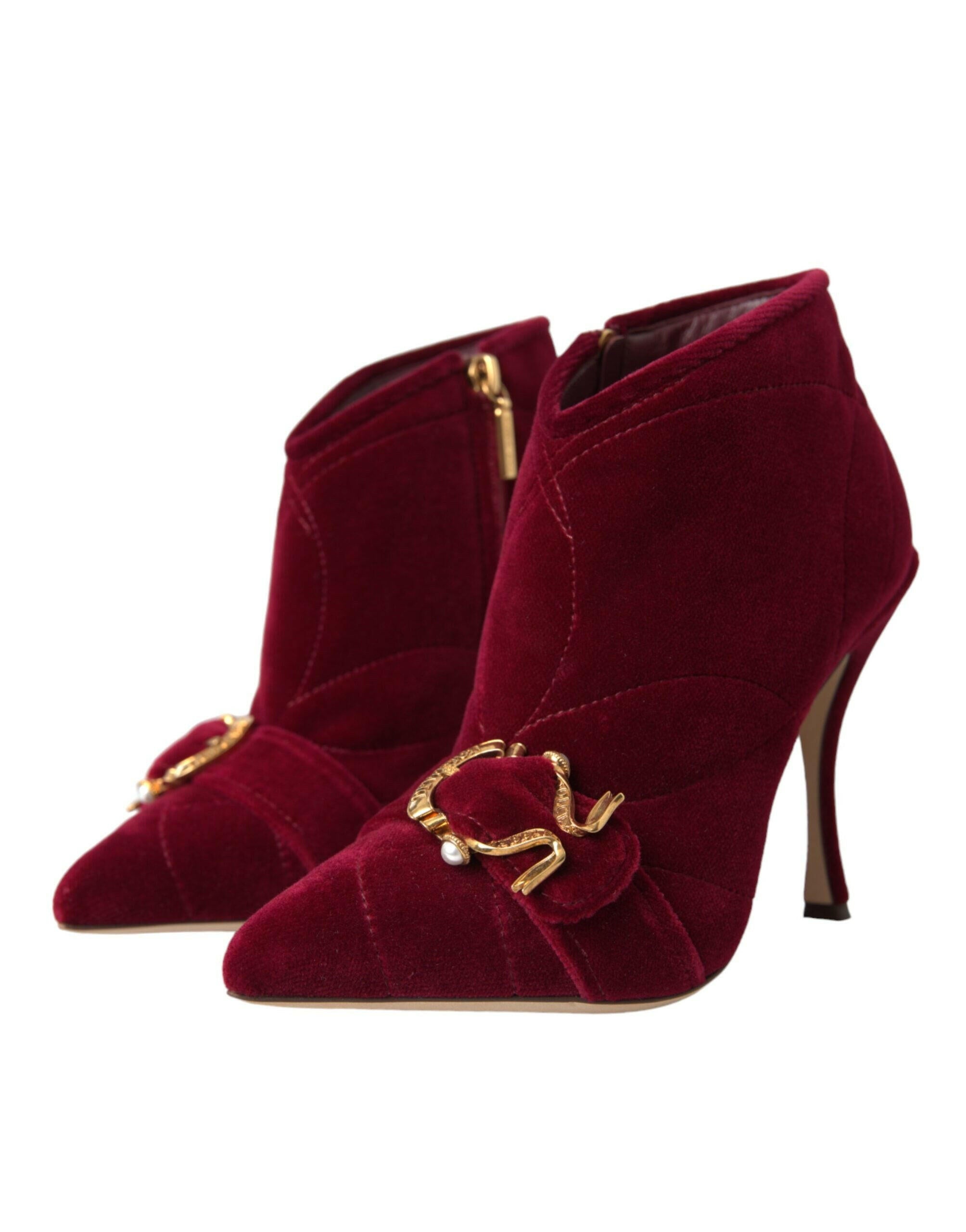 Dolce & Gabbana Dark Red Velvet Devotion Buckle Boots Shoes.