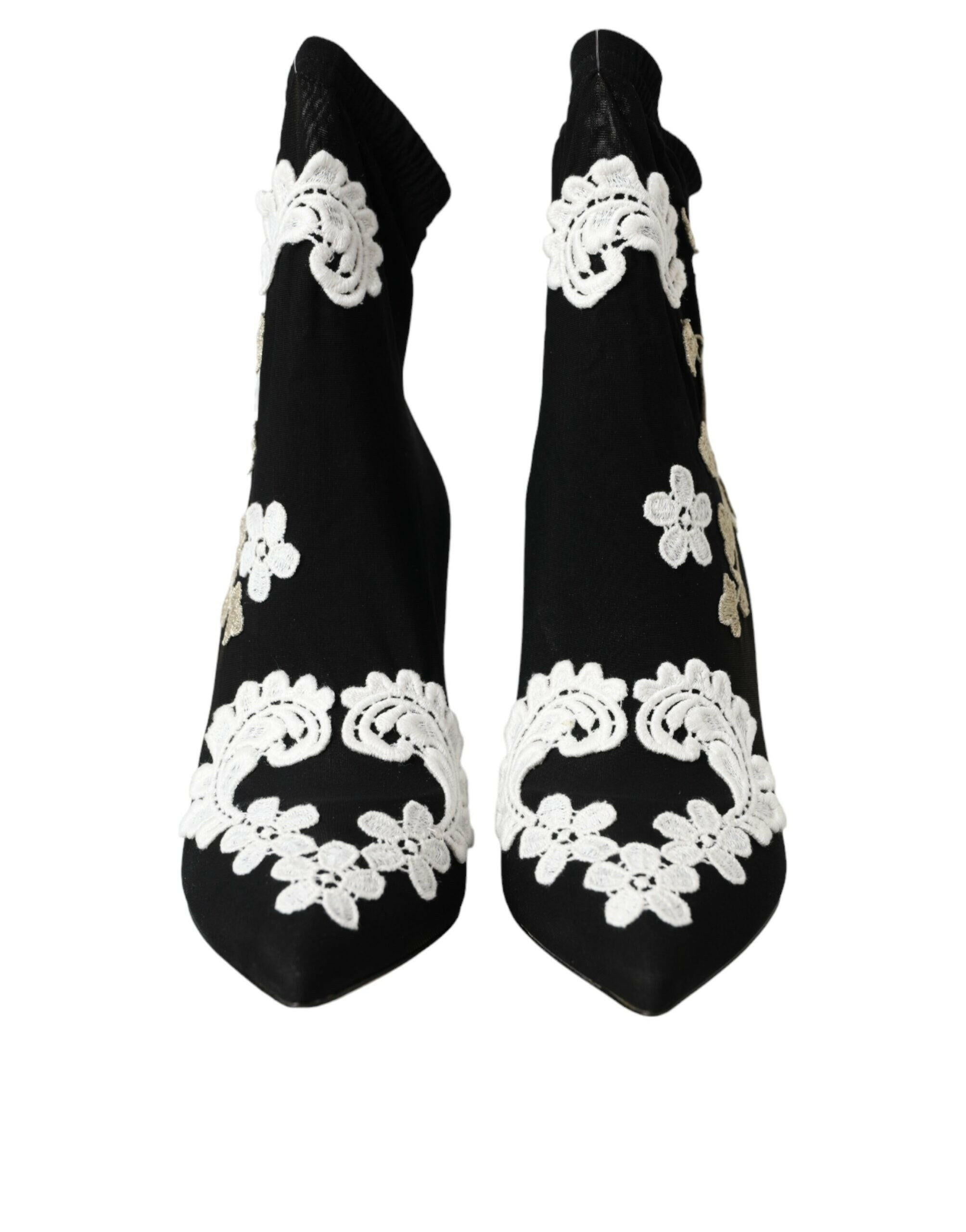 Dolce & Gabbana Black White Embroidery Slip On Boots Shoes.