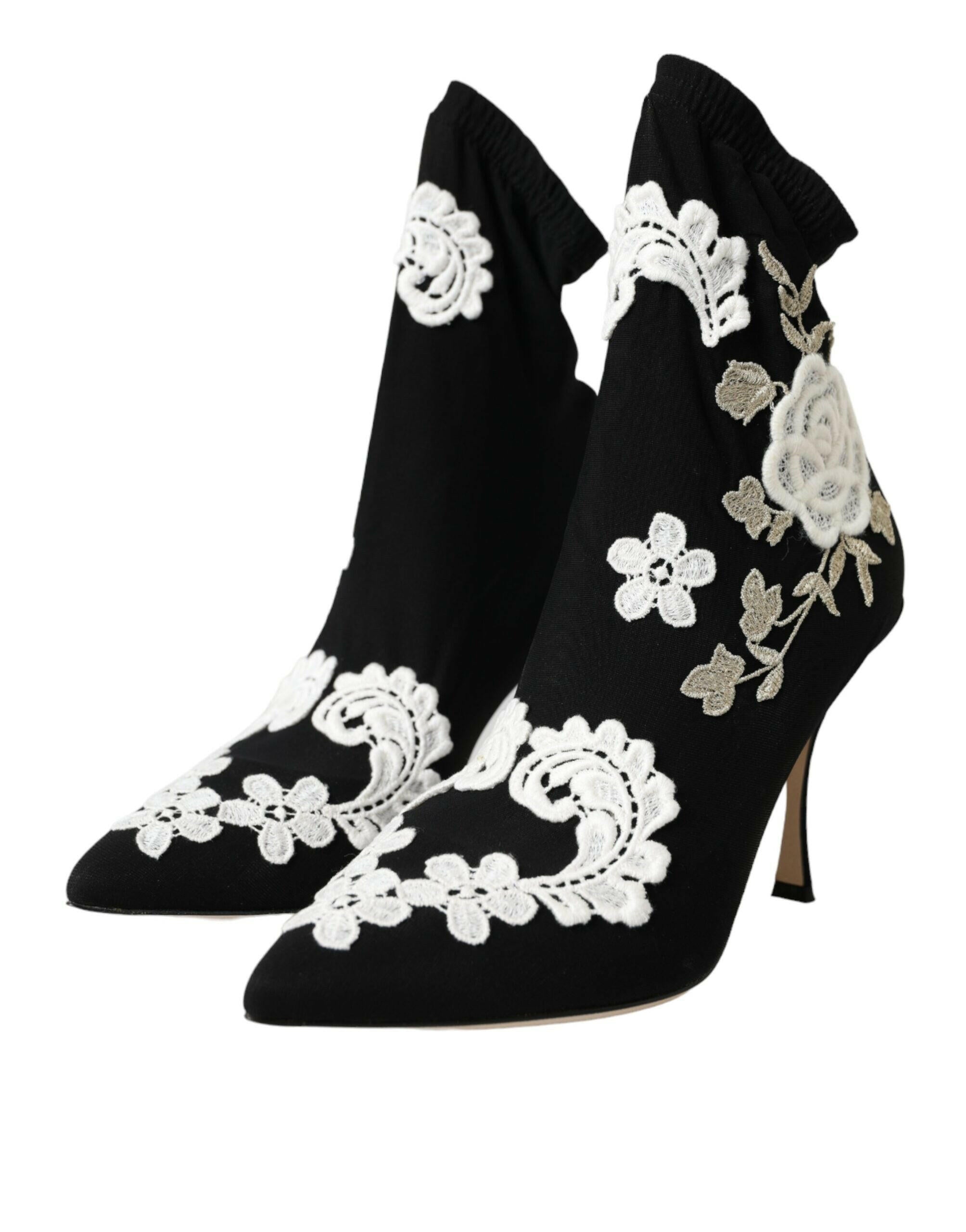 Dolce & Gabbana Black White Embroidery Slip On Boots Shoes.
