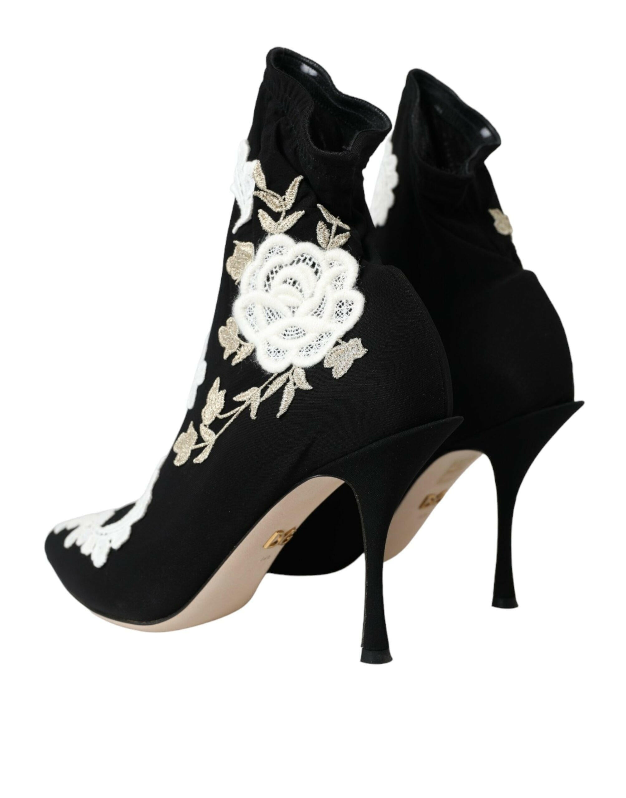 Dolce & Gabbana Black White Embroidery Slip On Boots Shoes.