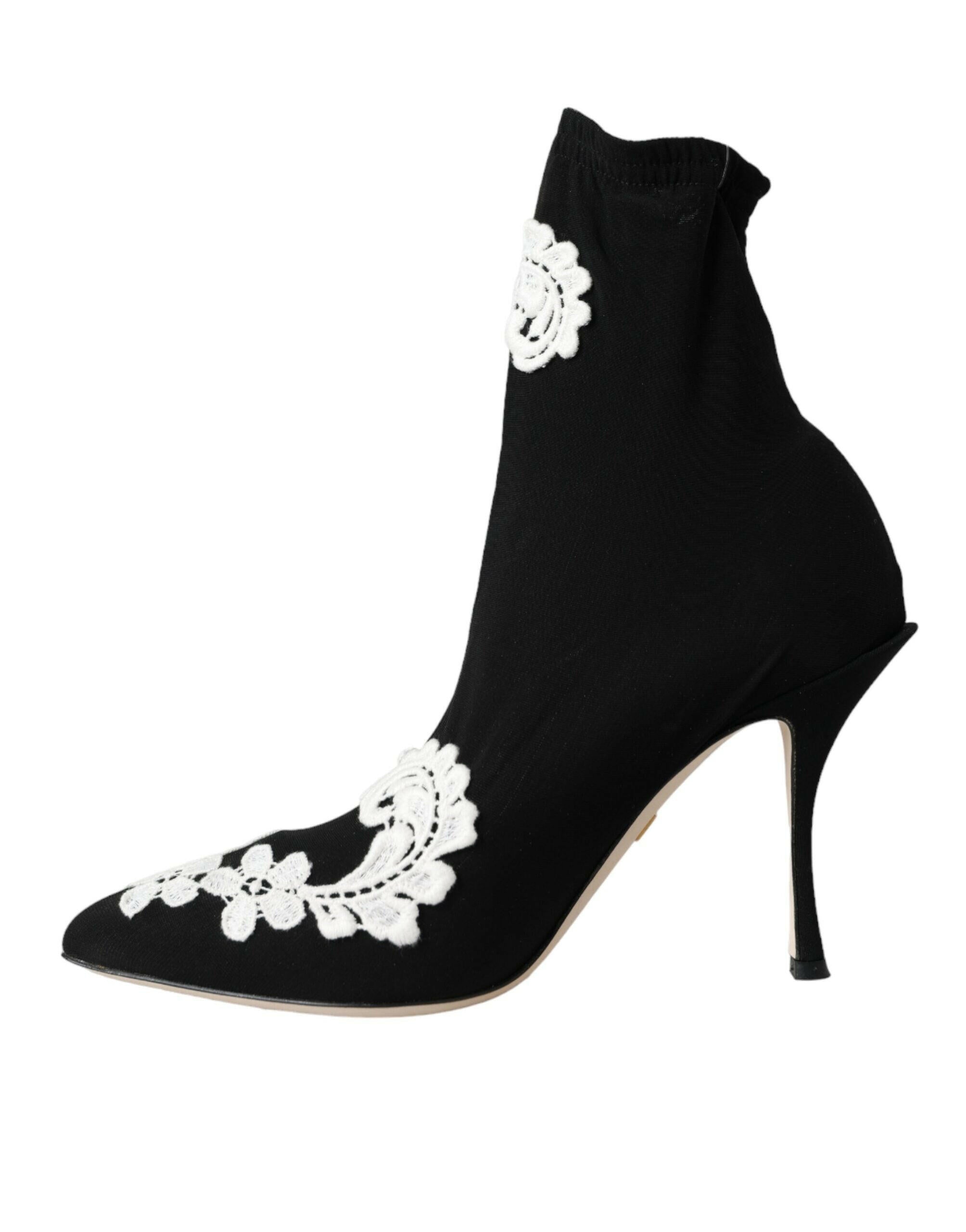 Dolce & Gabbana Black White Embroidery Slip On Boots Shoes.