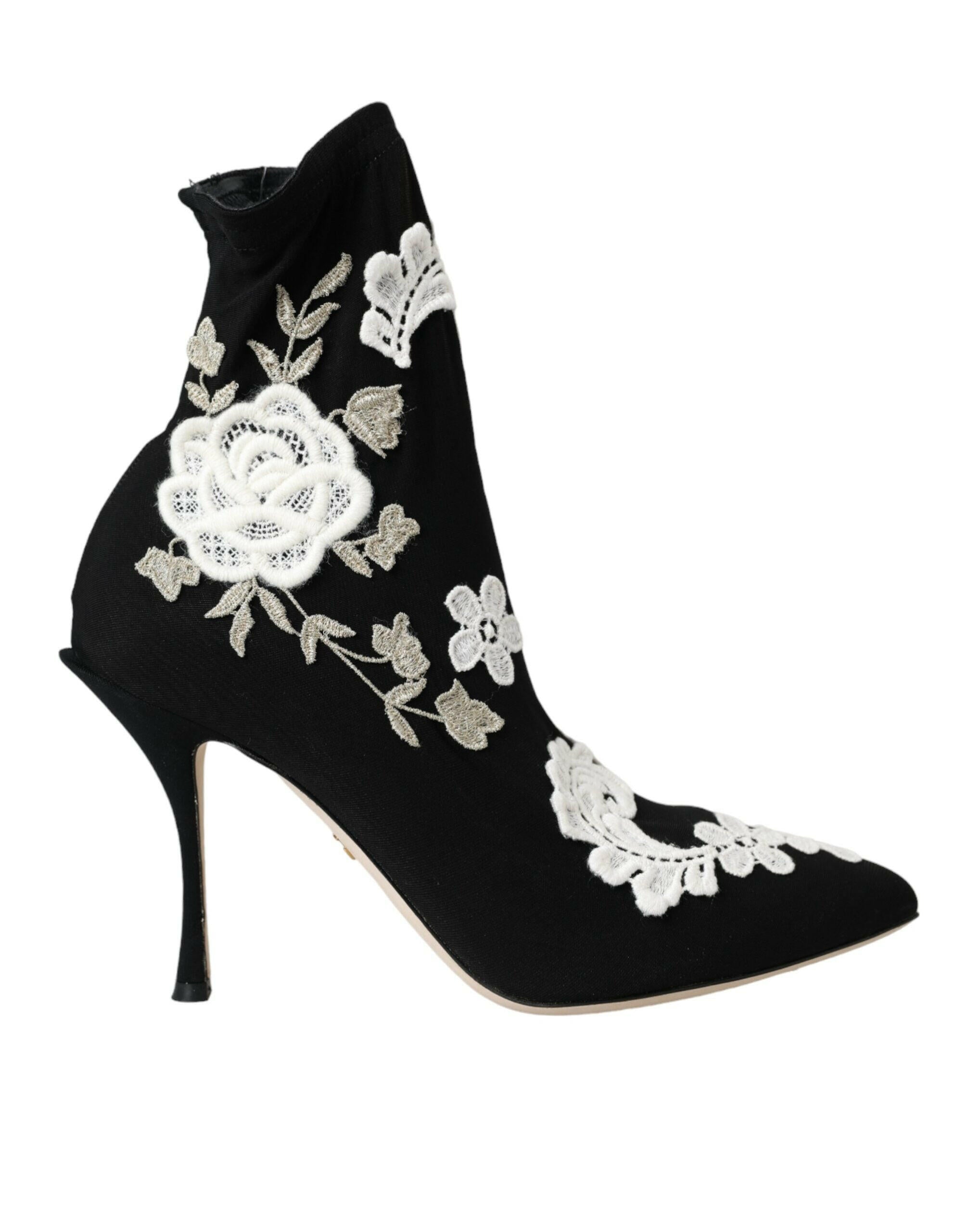Dolce & Gabbana Black White Embroidery Slip On Boots Shoes.
