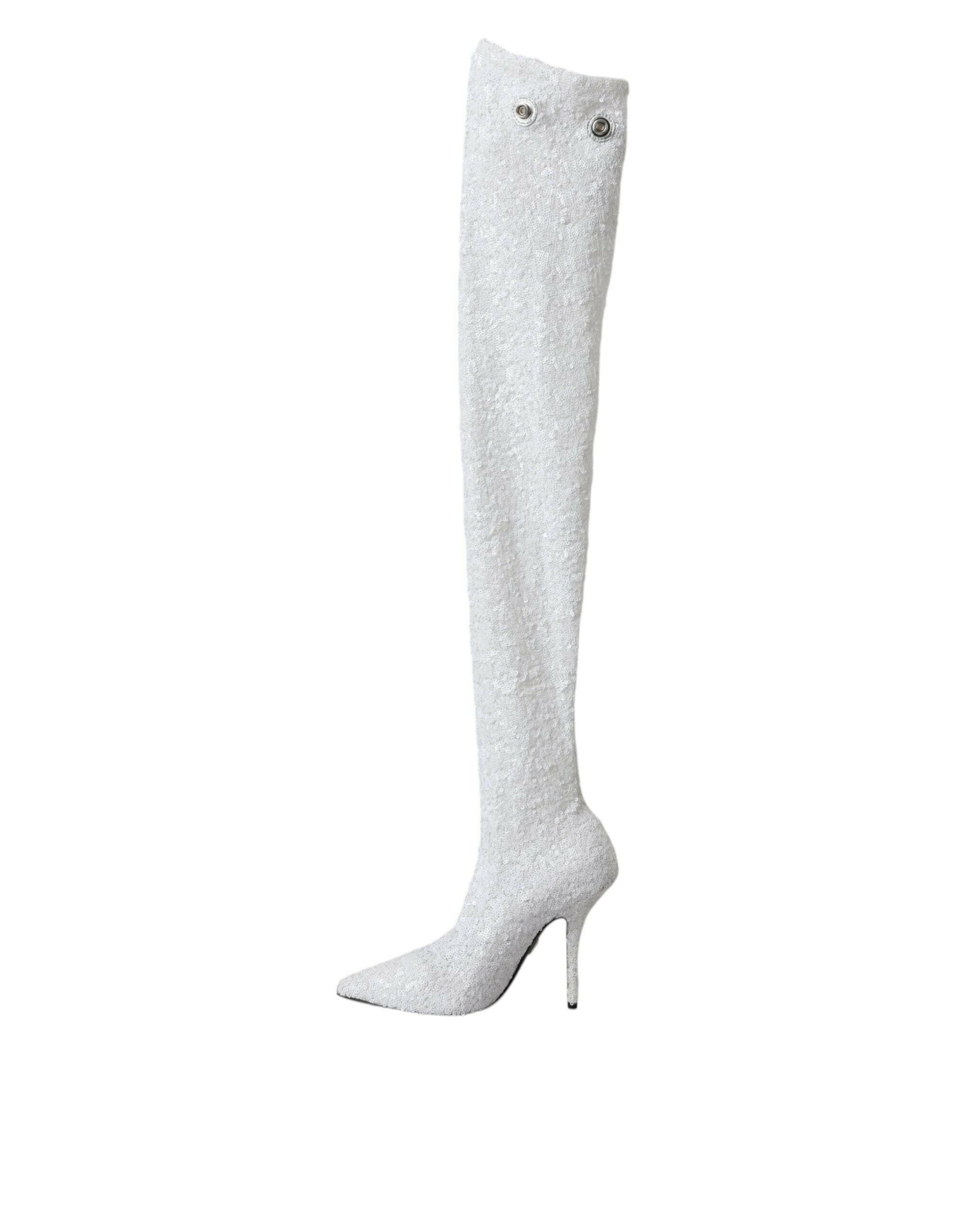 Dolce & Gabbana White Heels Stiletto Knee High Boots Shoes.