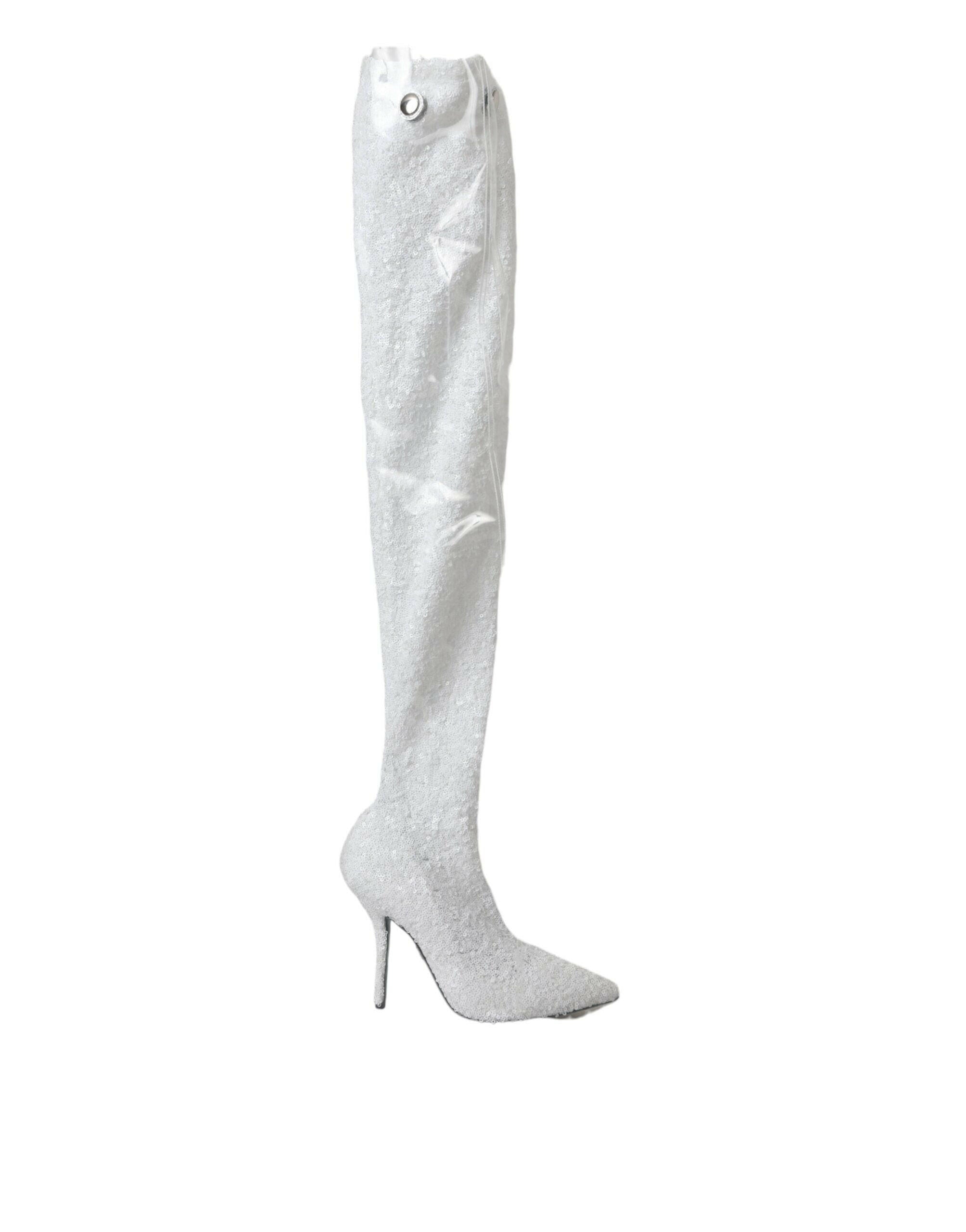 Dolce & Gabbana White Heels Stiletto Knee High Boots Shoes.