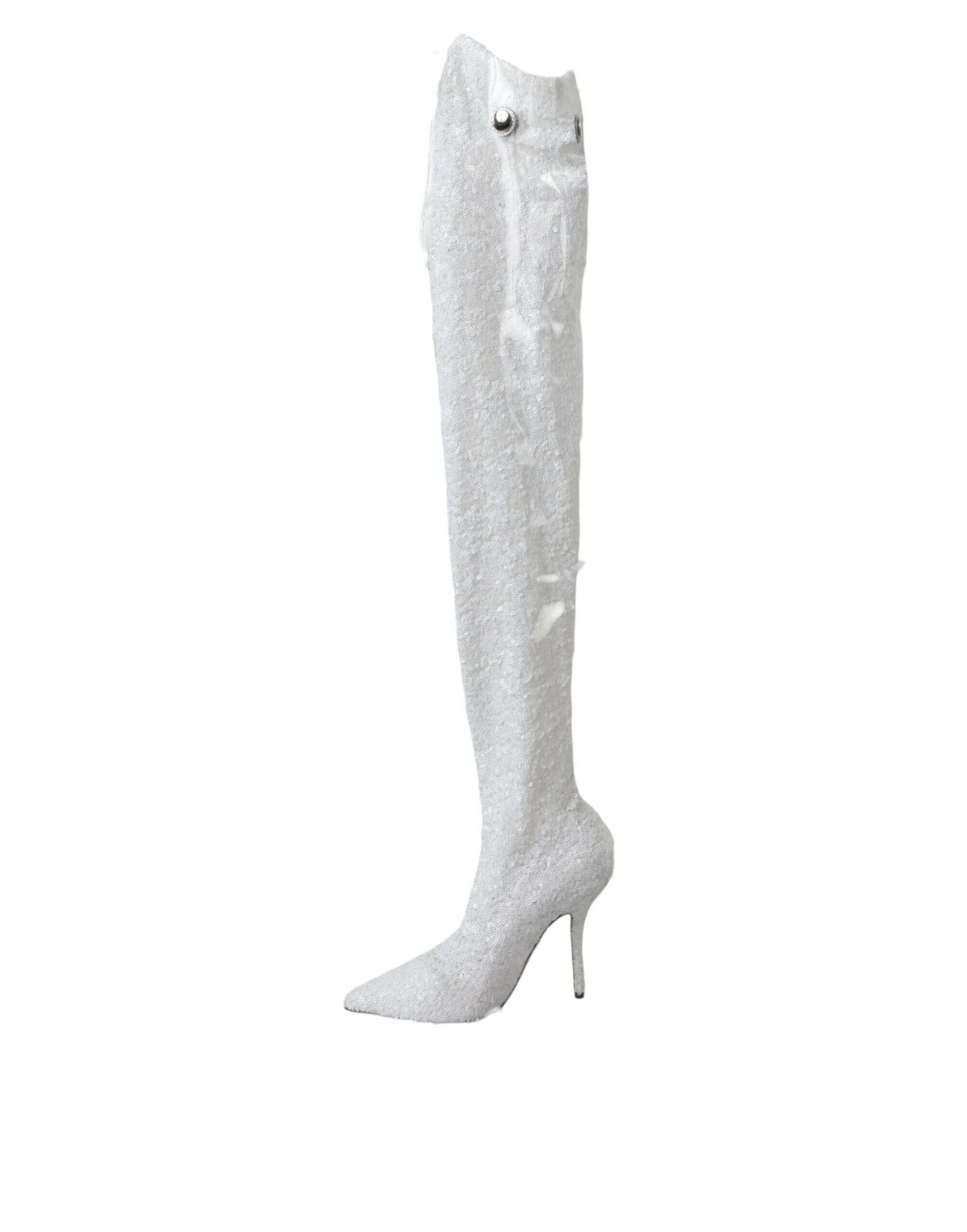 Dolce & Gabbana White Heels Stiletto Knee High Boots Shoes.