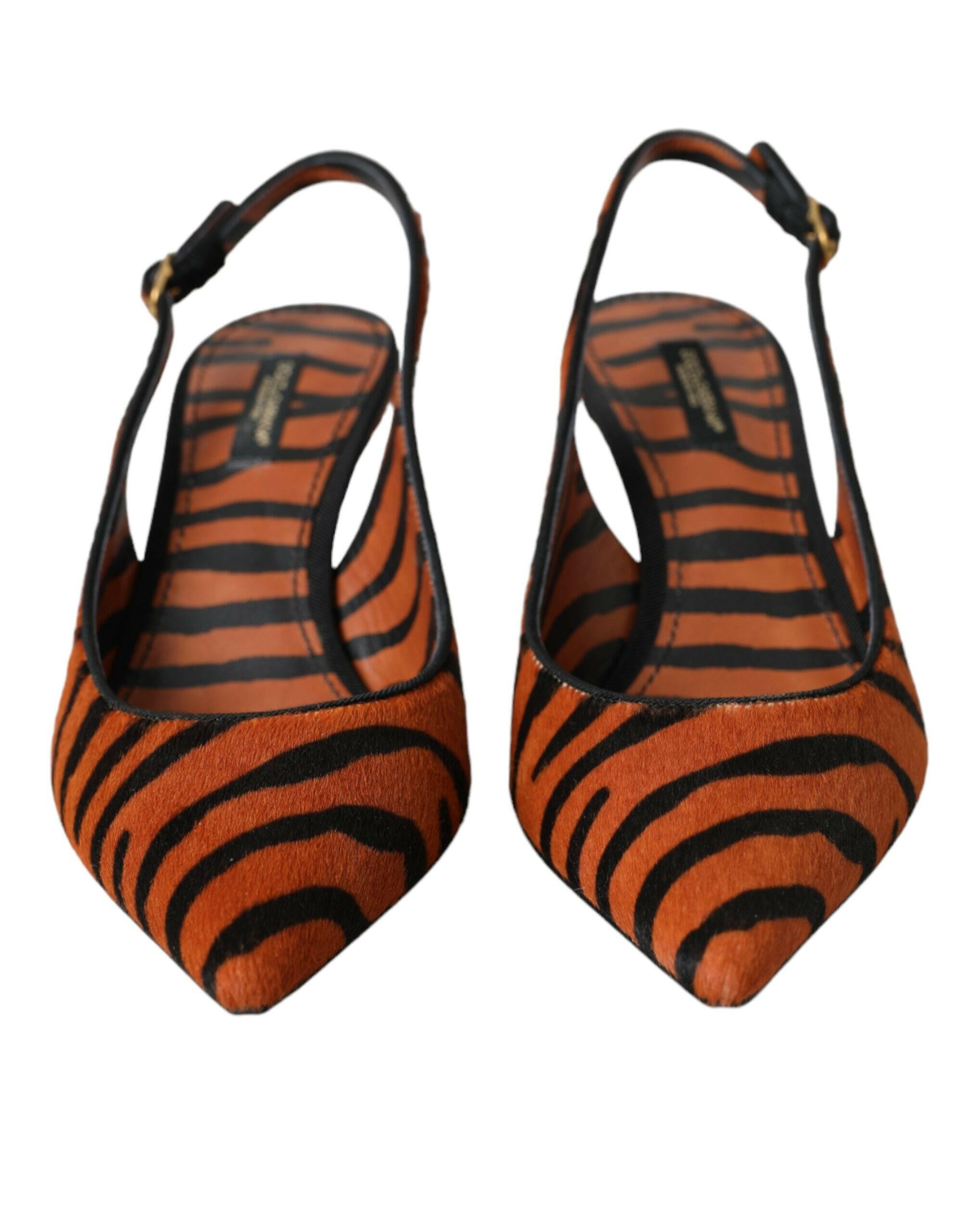 Dolce & Gabbana Black Orange Zebra Leather Slingbacks Shoes.