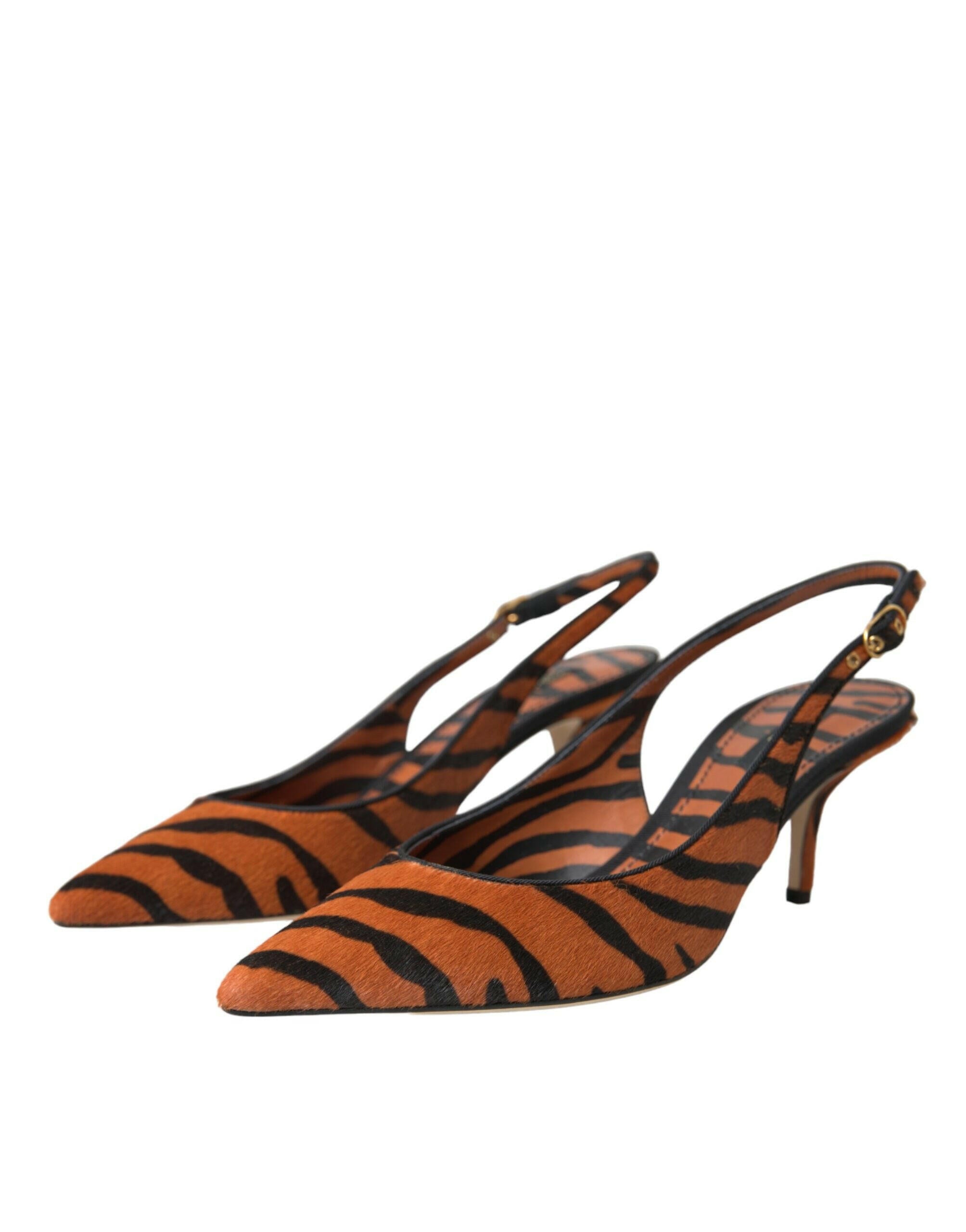 Dolce & Gabbana Black Orange Zebra Leather Slingbacks Shoes.