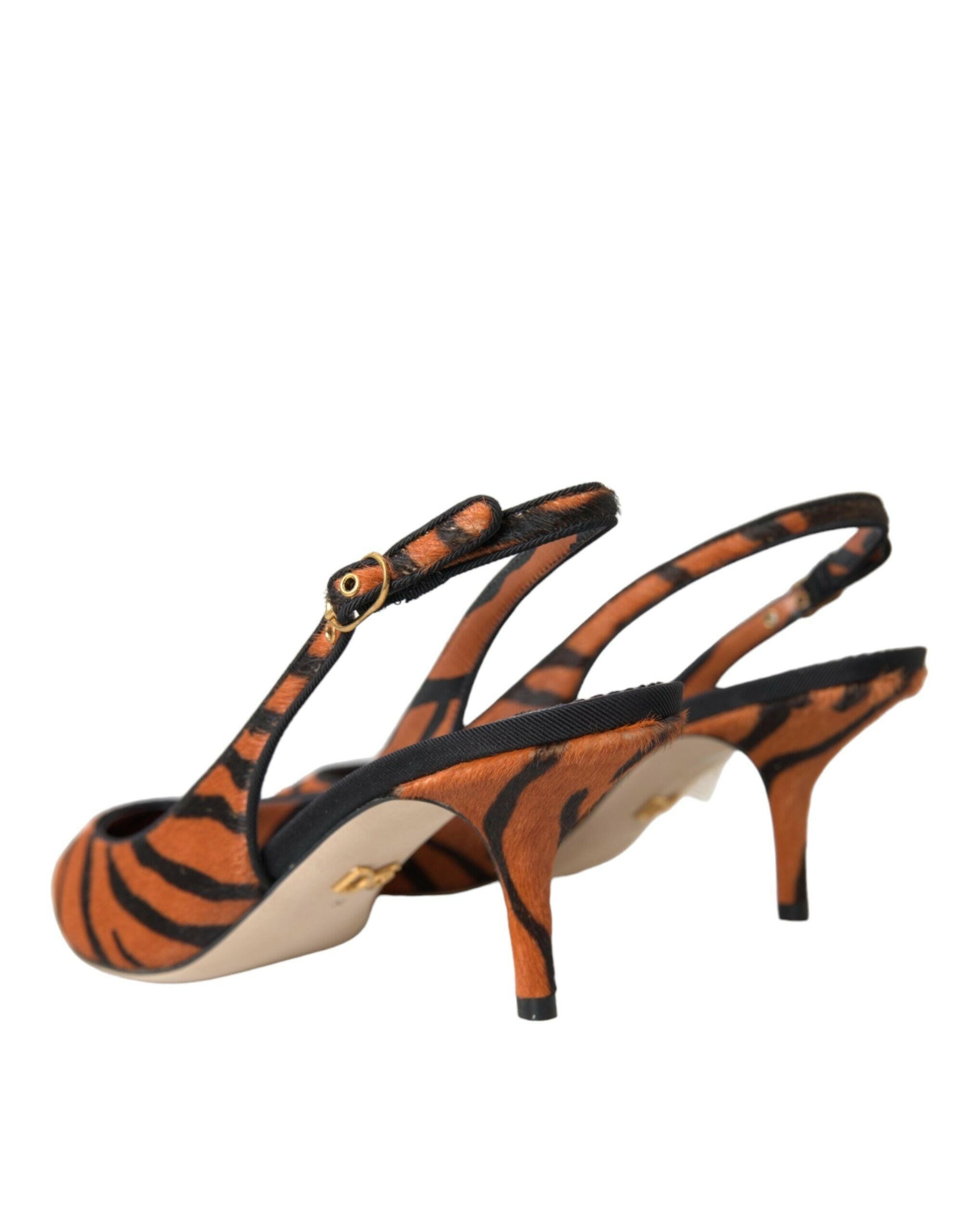 Dolce & Gabbana Black Orange Zebra Leather Slingbacks Shoes.