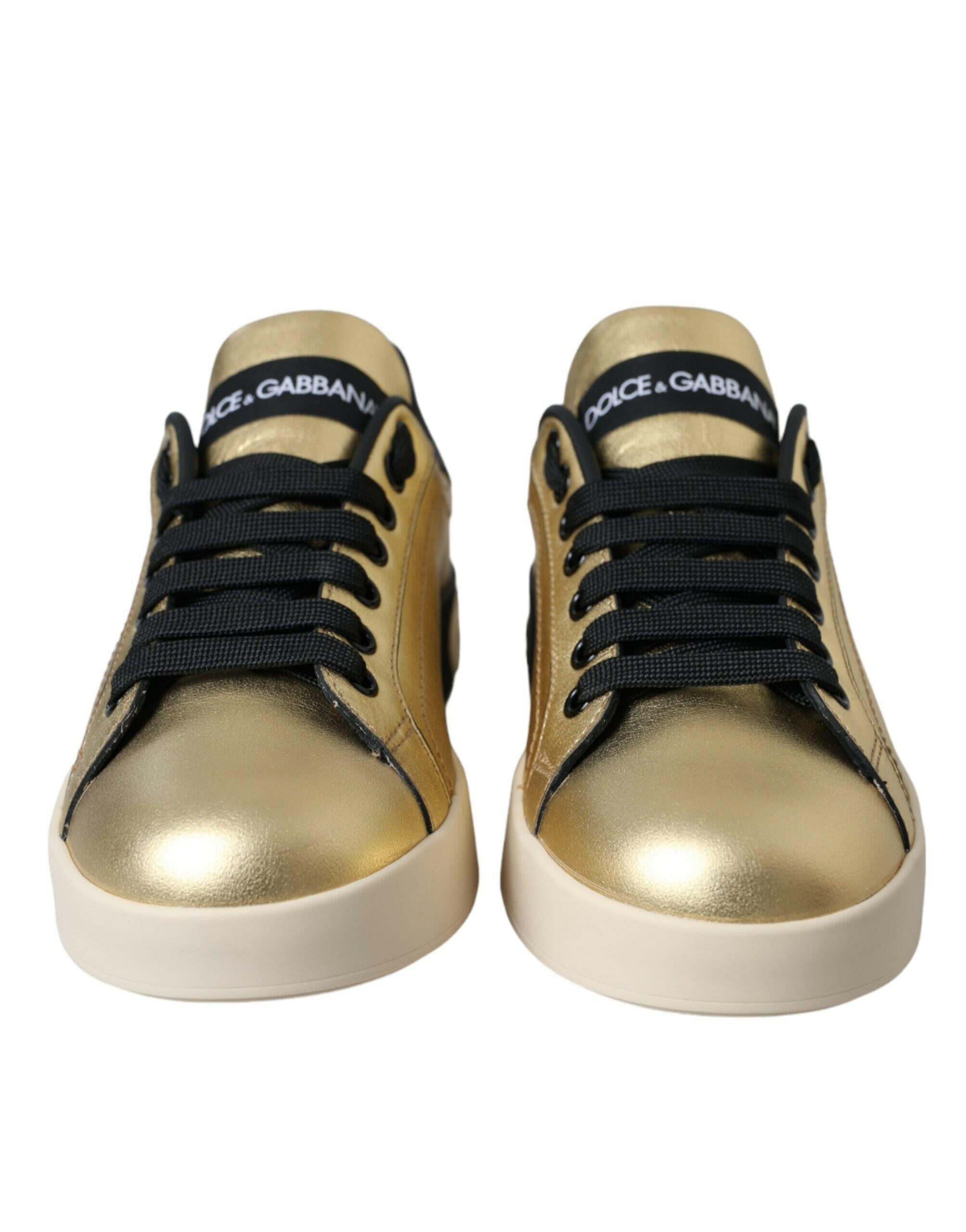 Dolce & Gabbana Gold Portofino Calf Leather Sneakers Women Shoes.