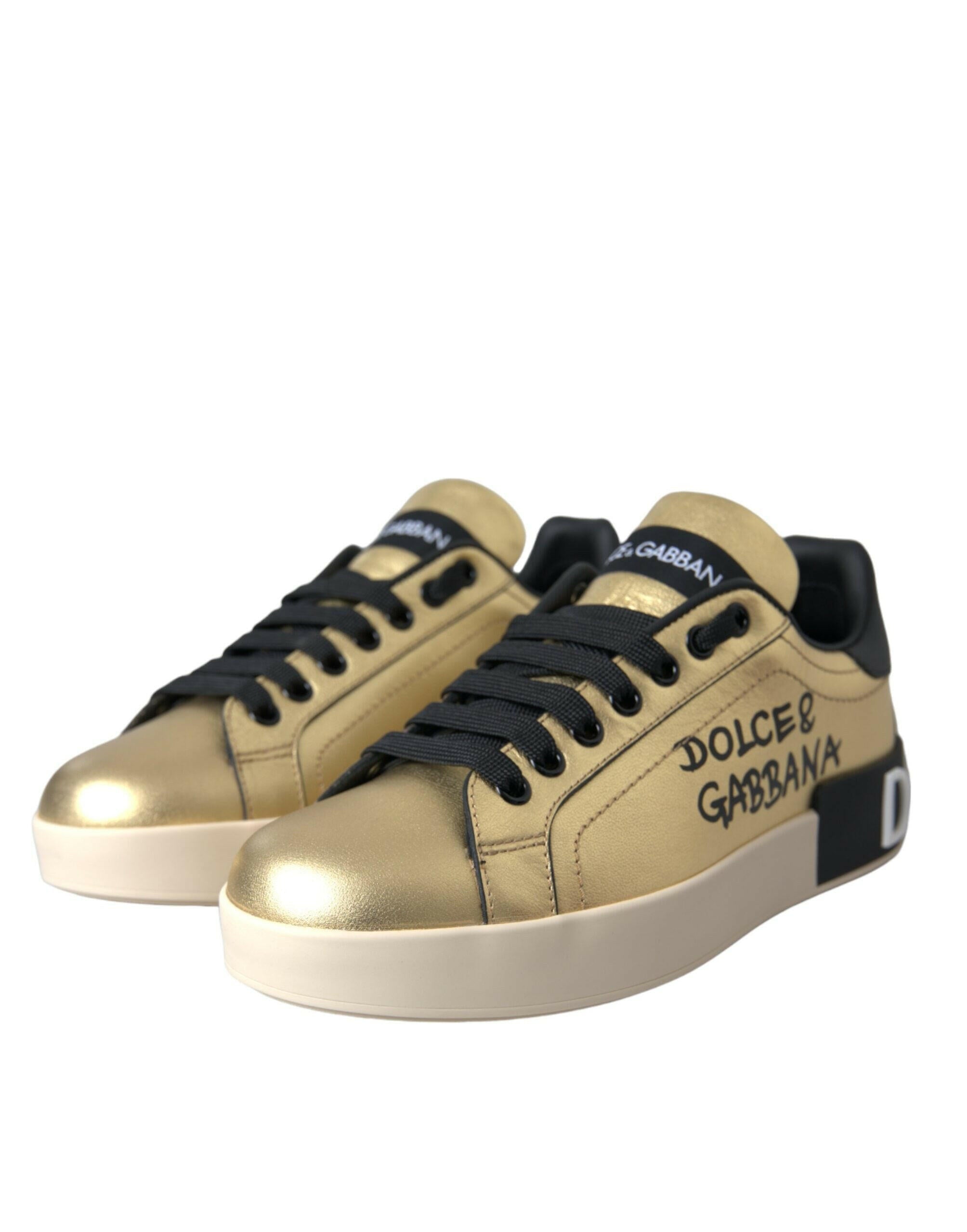 Dolce & Gabbana Gold Portofino Calf Leather Sneakers Women Shoes.