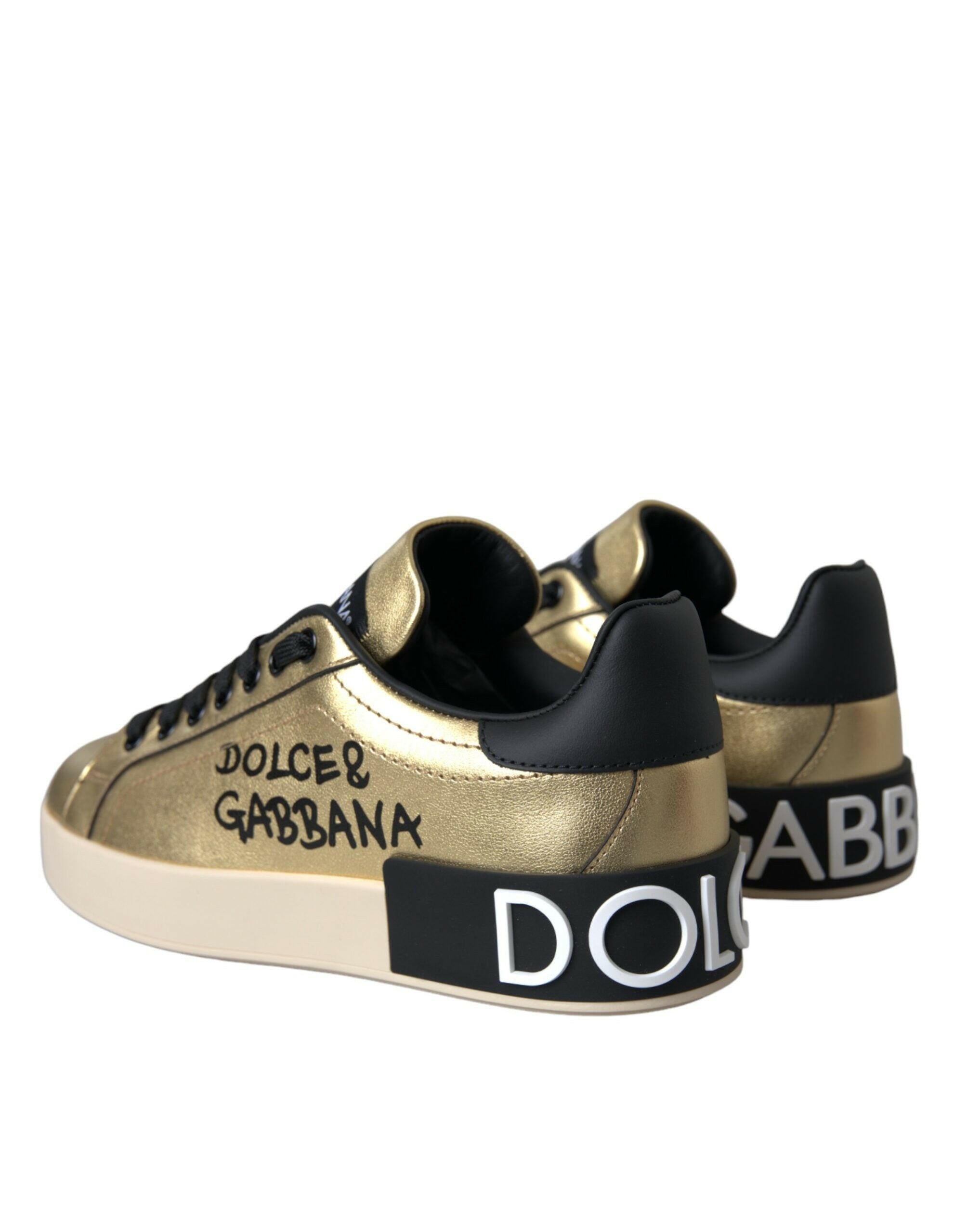 Dolce & Gabbana Gold Portofino Calf Leather Sneakers Women Shoes.