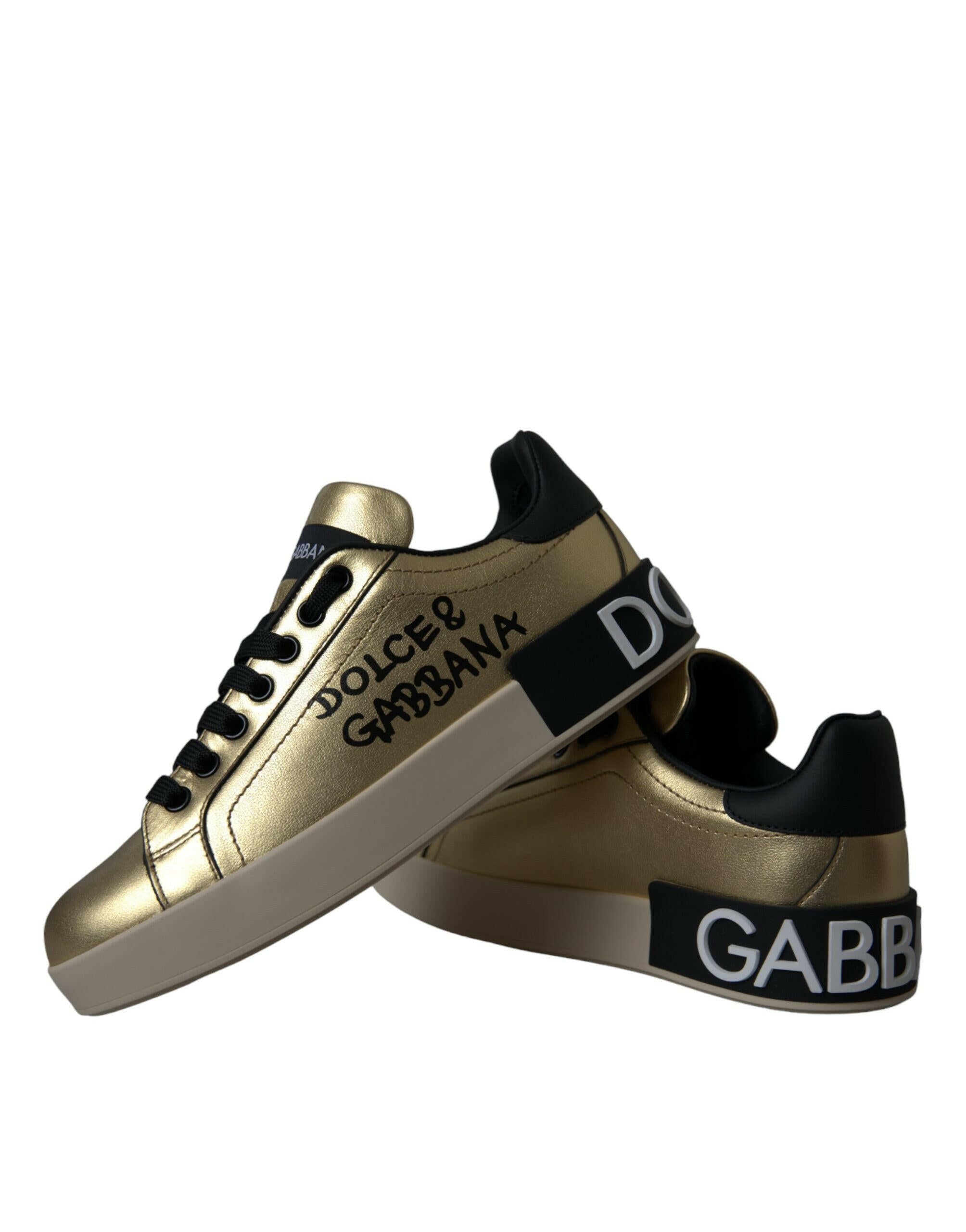 Dolce & Gabbana Gold Portofino Calf Leather Sneakers Women Shoes.