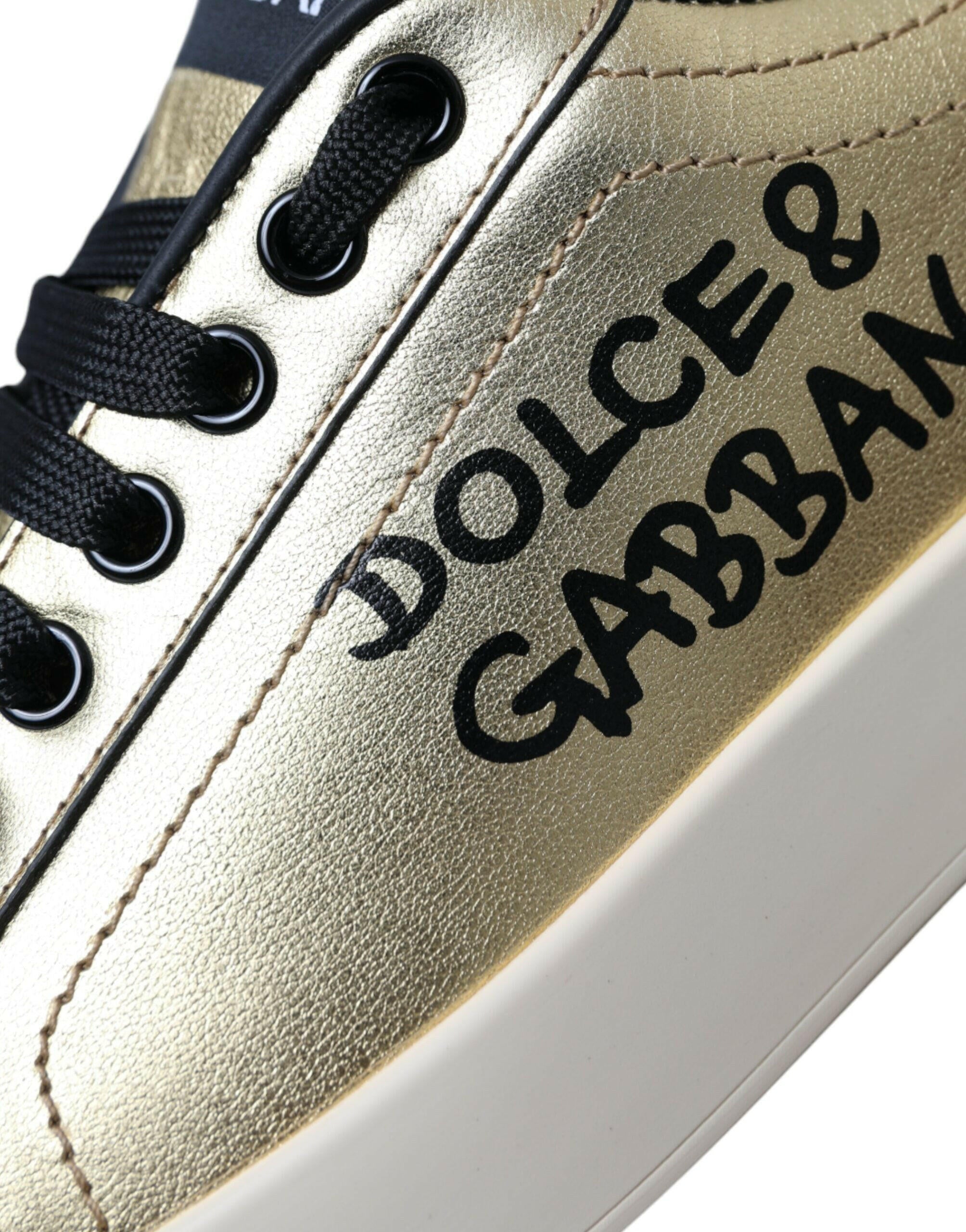 Dolce & Gabbana Gold Portofino Calf Leather Sneakers Women Shoes.