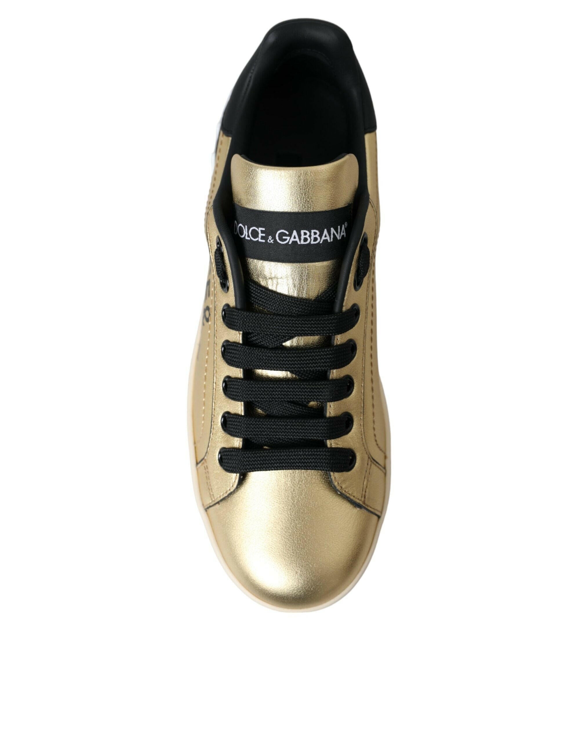 Dolce & Gabbana Gold Portofino Calf Leather Sneakers Women Shoes.