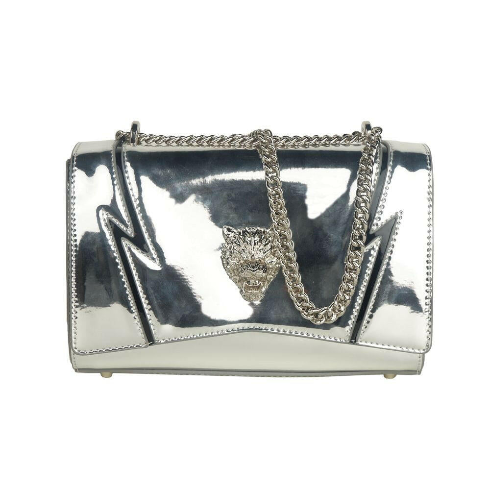 Plein Sport Elegant Gray Chain-Strapped Shoulder Bag.