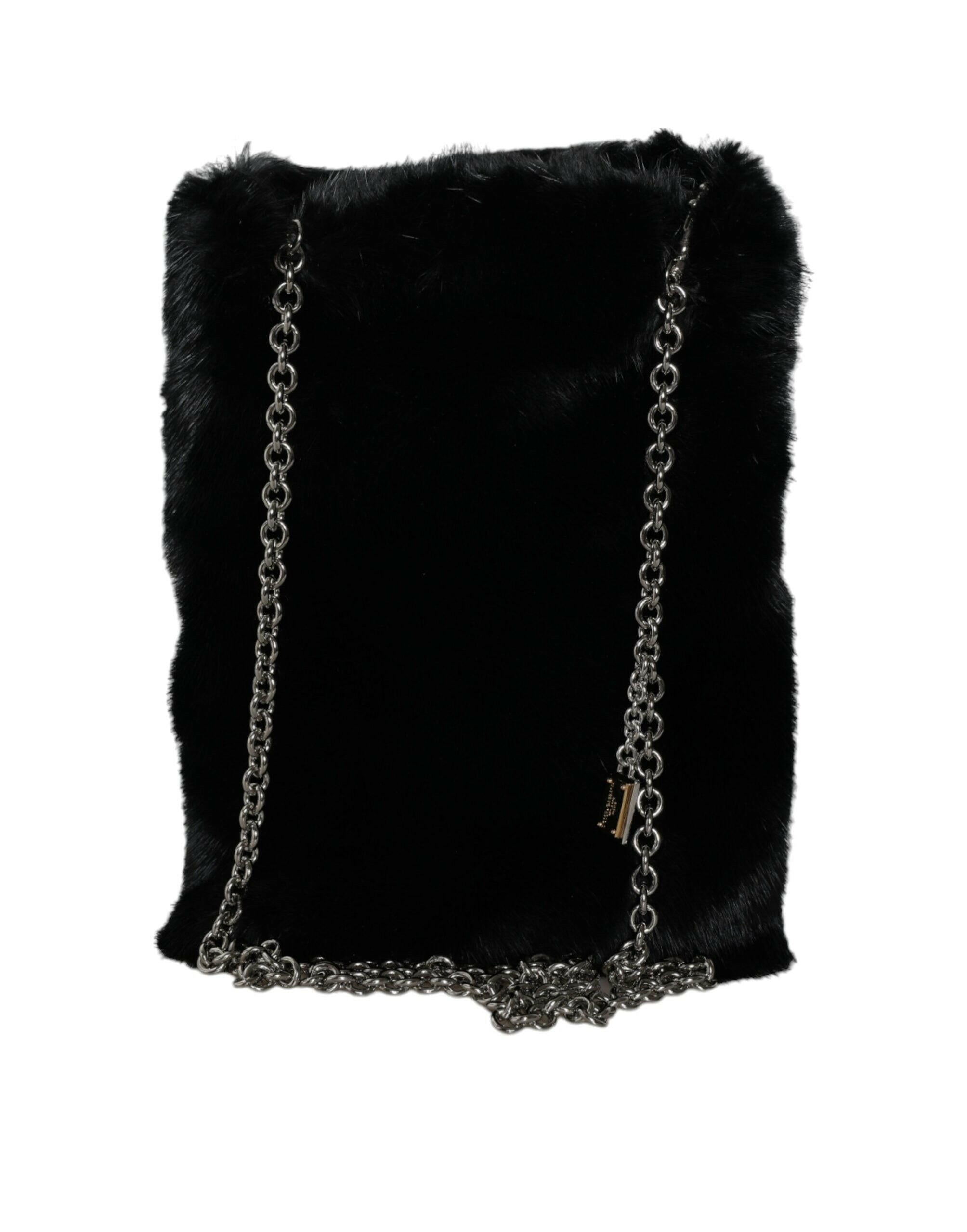 Dolce & Gabbana Black Faux Fur Silver Chain Crossbody Shoulder Purse Bag.
