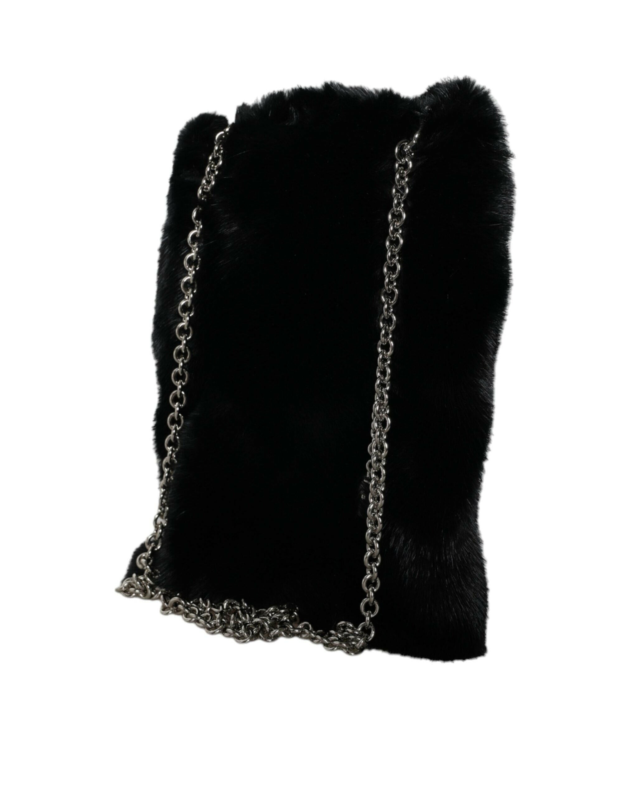 Dolce & Gabbana Black Faux Fur Silver Chain Crossbody Shoulder Purse Bag.