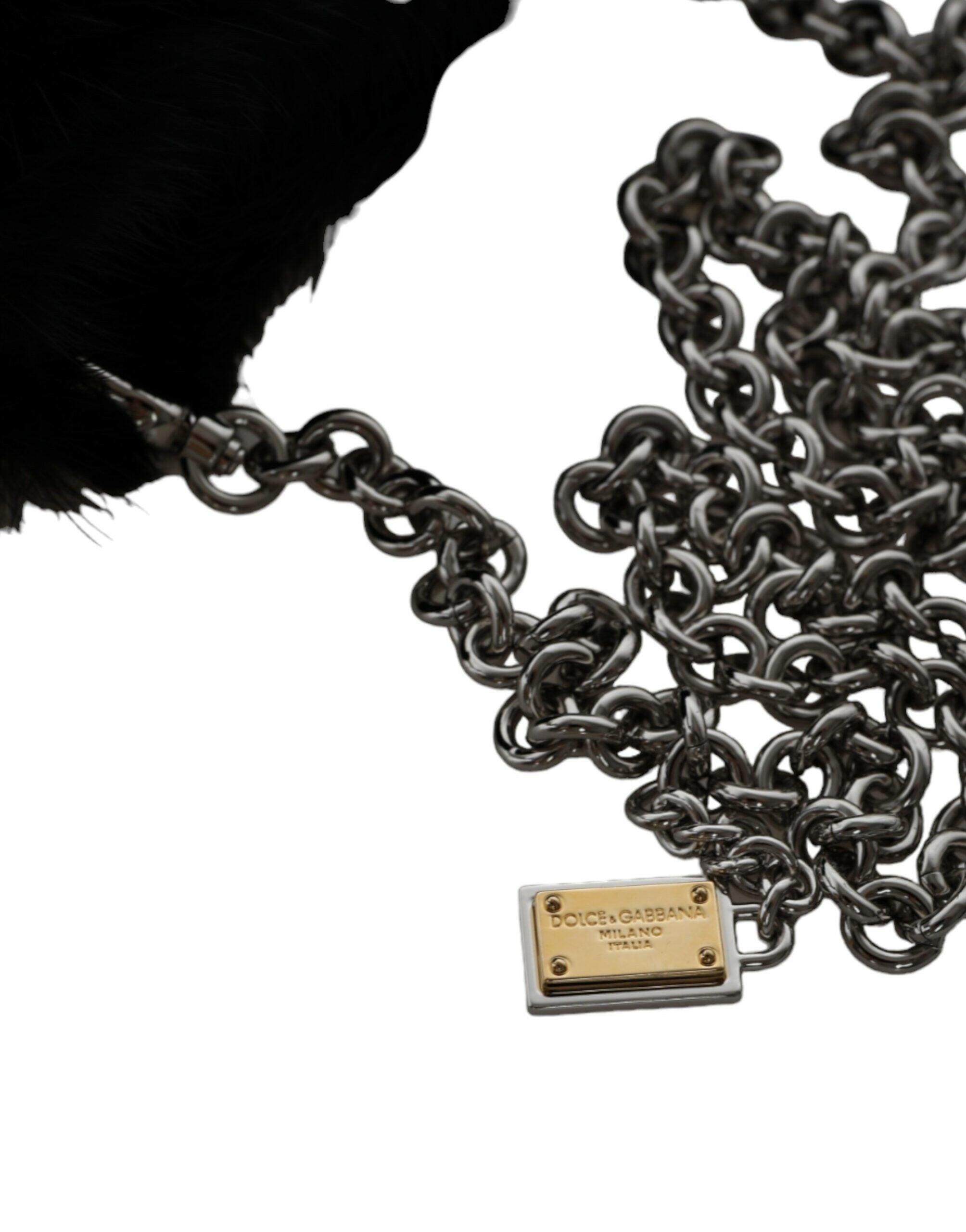 Dolce & Gabbana Black Faux Fur Silver Chain Crossbody Shoulder Purse Bag.
