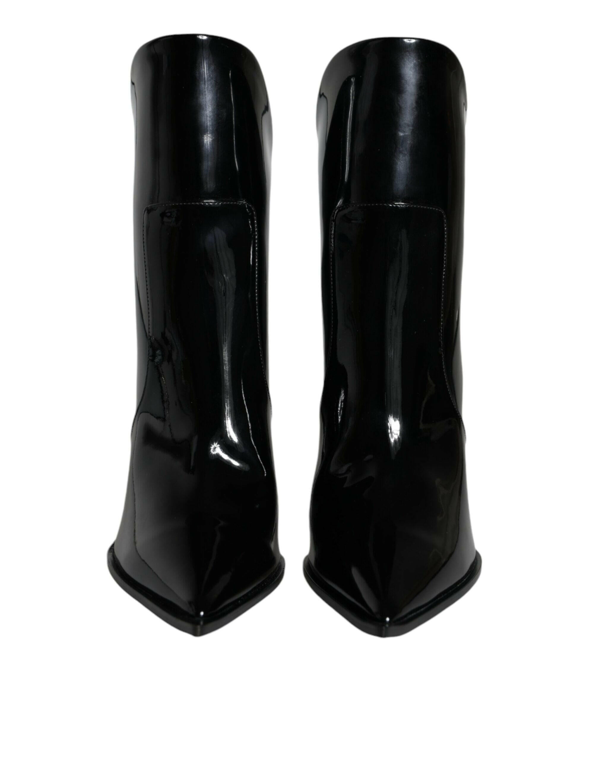 Dolce & Gabbana Black Patent Leather Pointed Ankle Boots Shoes.