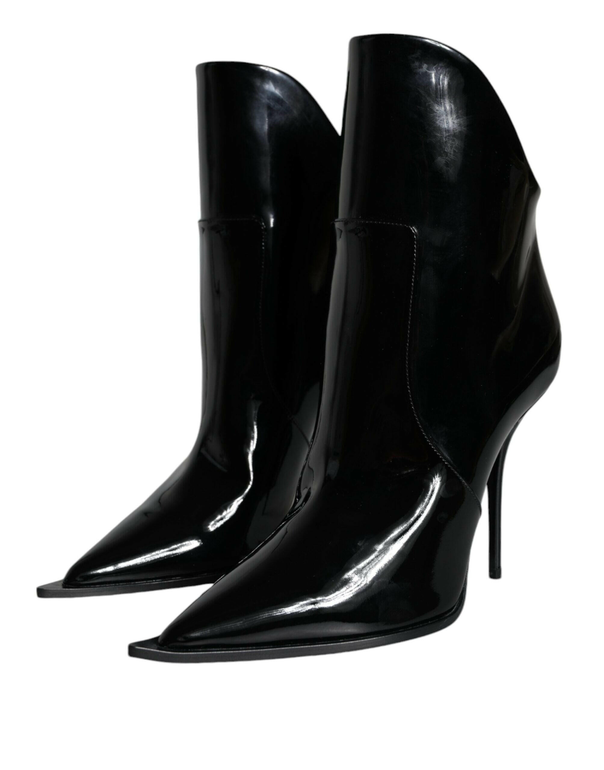 Dolce & Gabbana Black Patent Leather Pointed Ankle Boots Shoes.