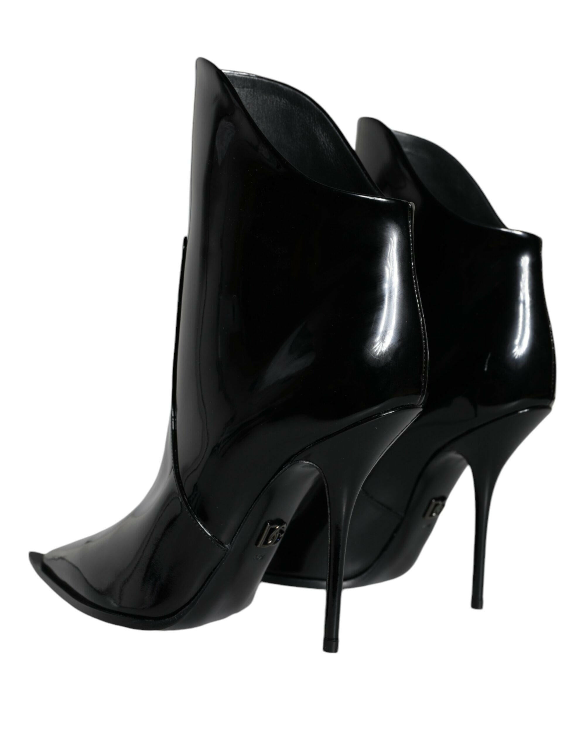 Dolce & Gabbana Black Patent Leather Pointed Ankle Boots Shoes.