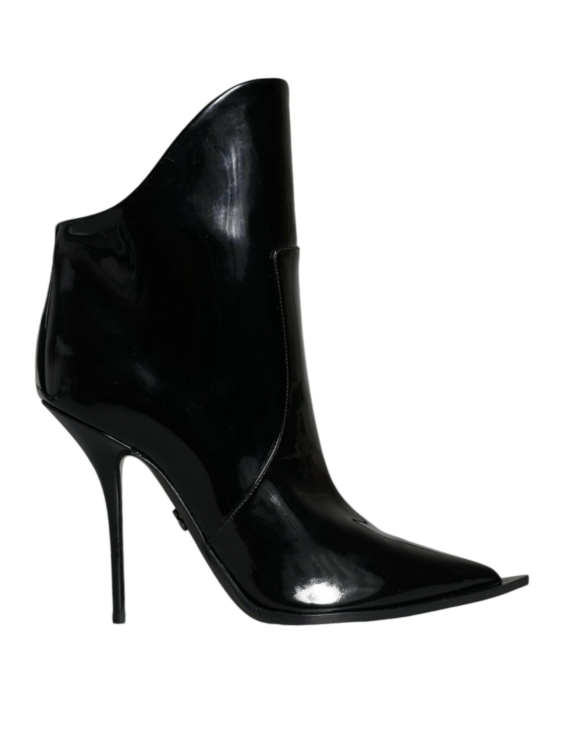 Dolce & Gabbana Black Patent Leather Pointed Ankle Boots Shoes.