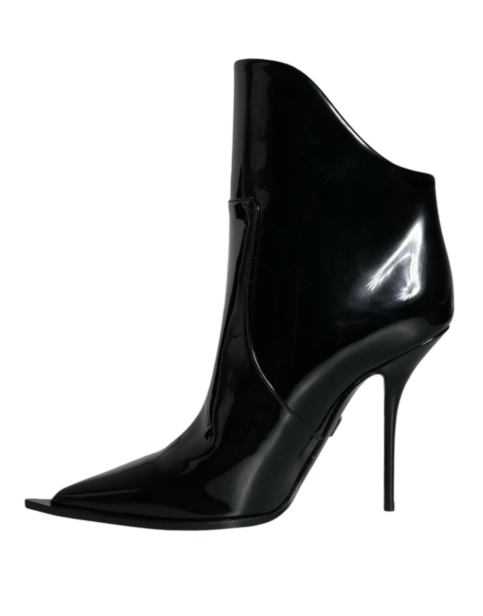 Dolce & Gabbana Black Patent Leather Pointed Ankle Boots Shoes.