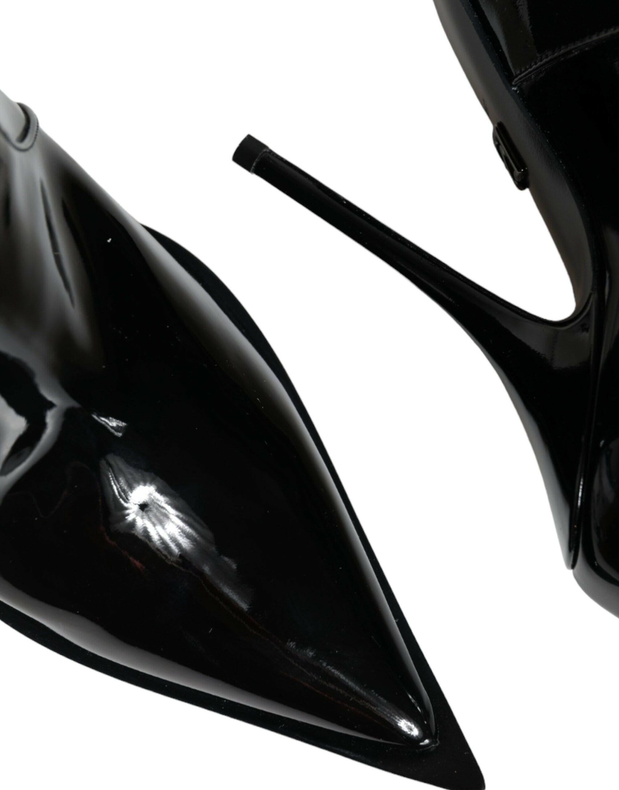 Dolce & Gabbana Black Patent Leather Pointed Ankle Boots Shoes.