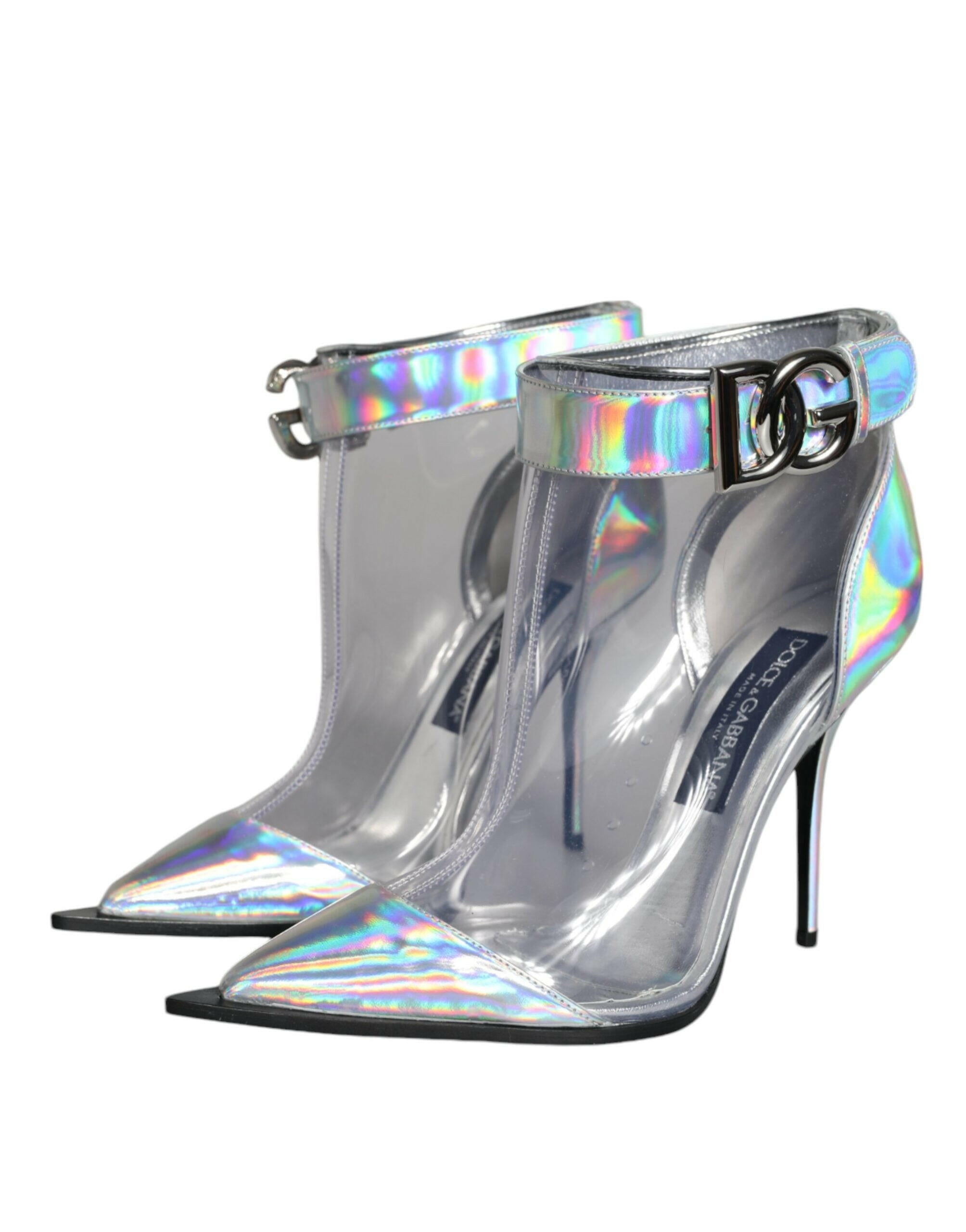 Dolce & Gabbana Silver Iridescent PVC Pointed Short Boots Shoes.