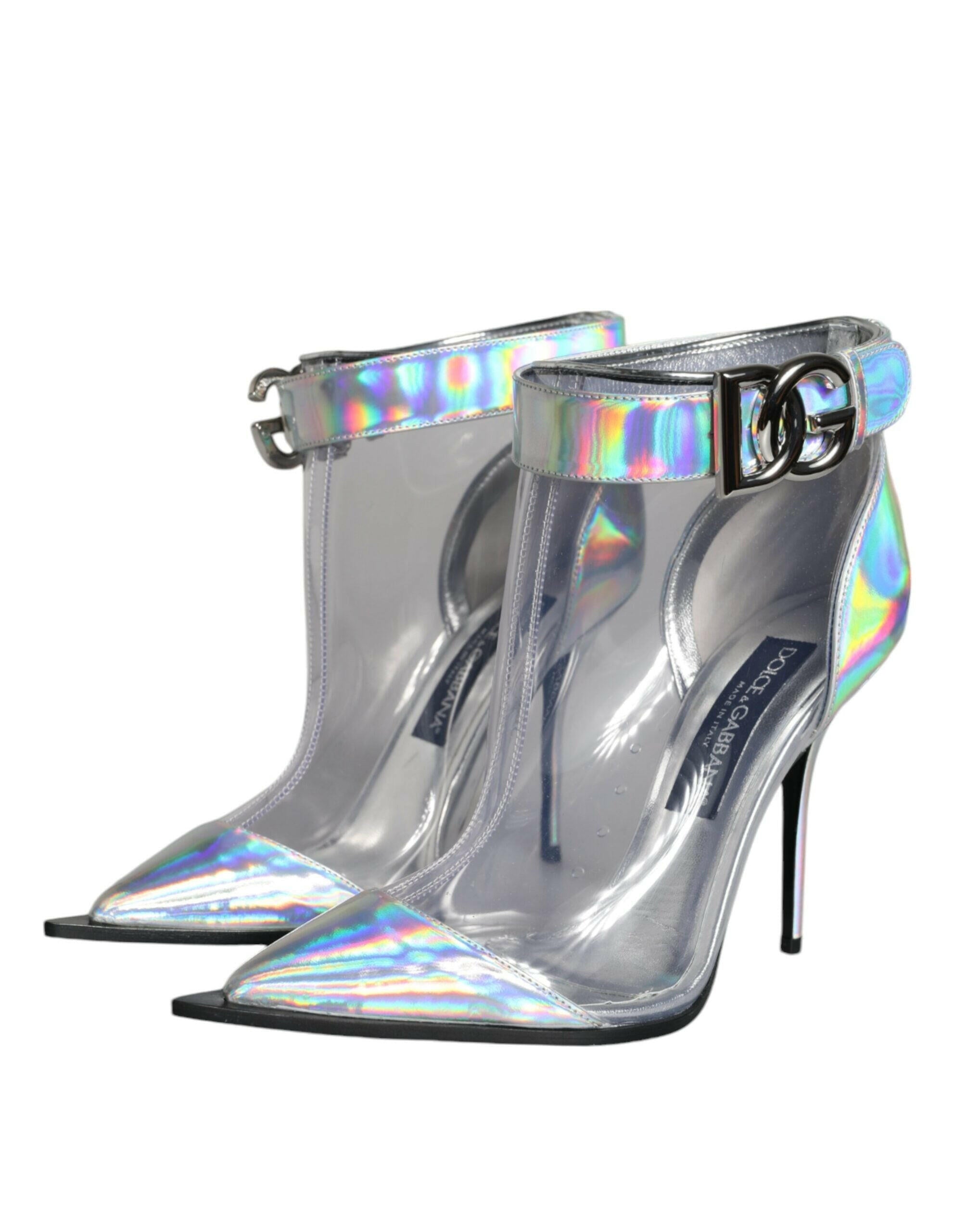 Dolce & Gabbana Silver Iridescent PVC Pointed Short Boots Shoes.