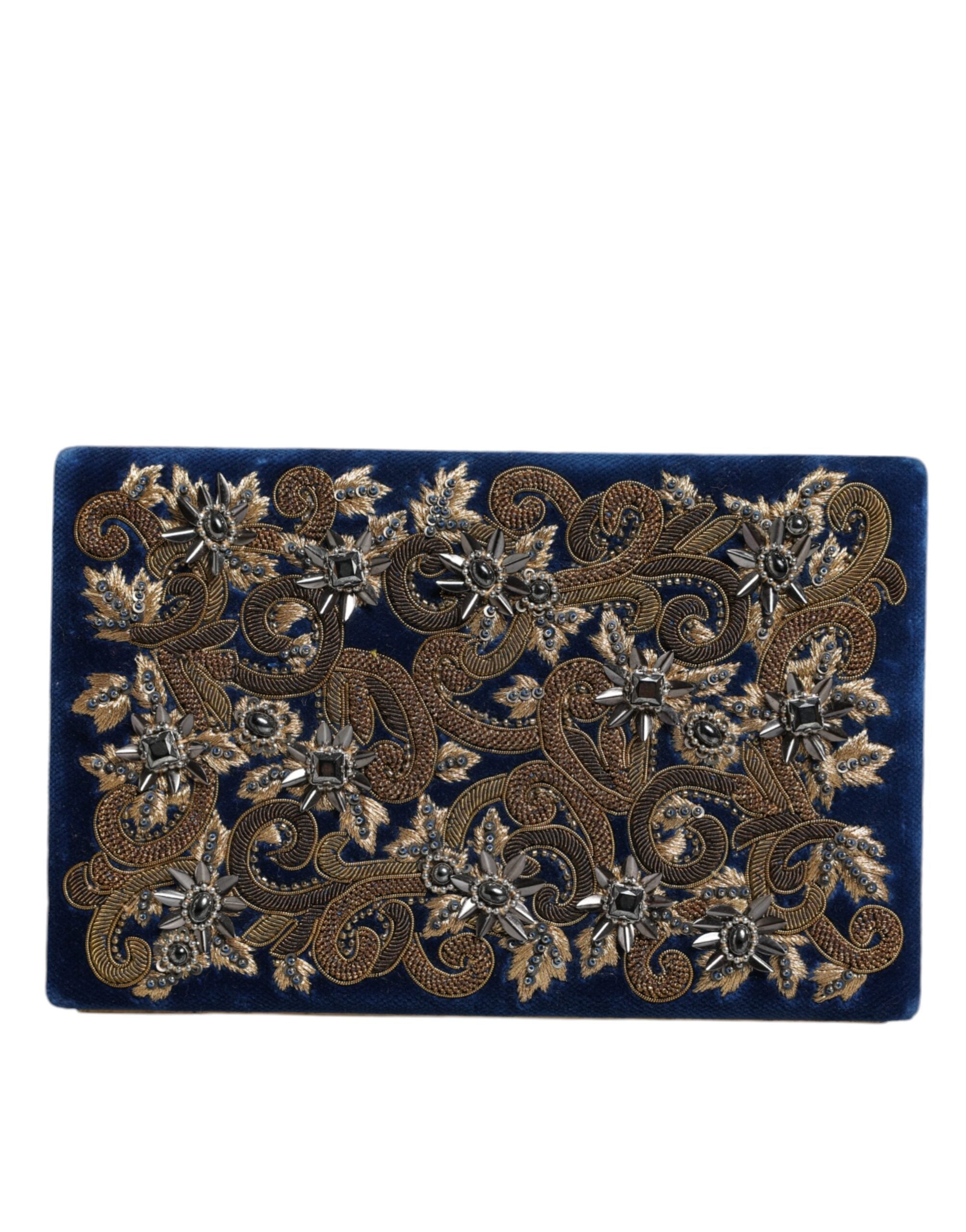 Dolce & Gabbana Blue Velvet Gold Frame Clutch Evening Party Purse Bag.