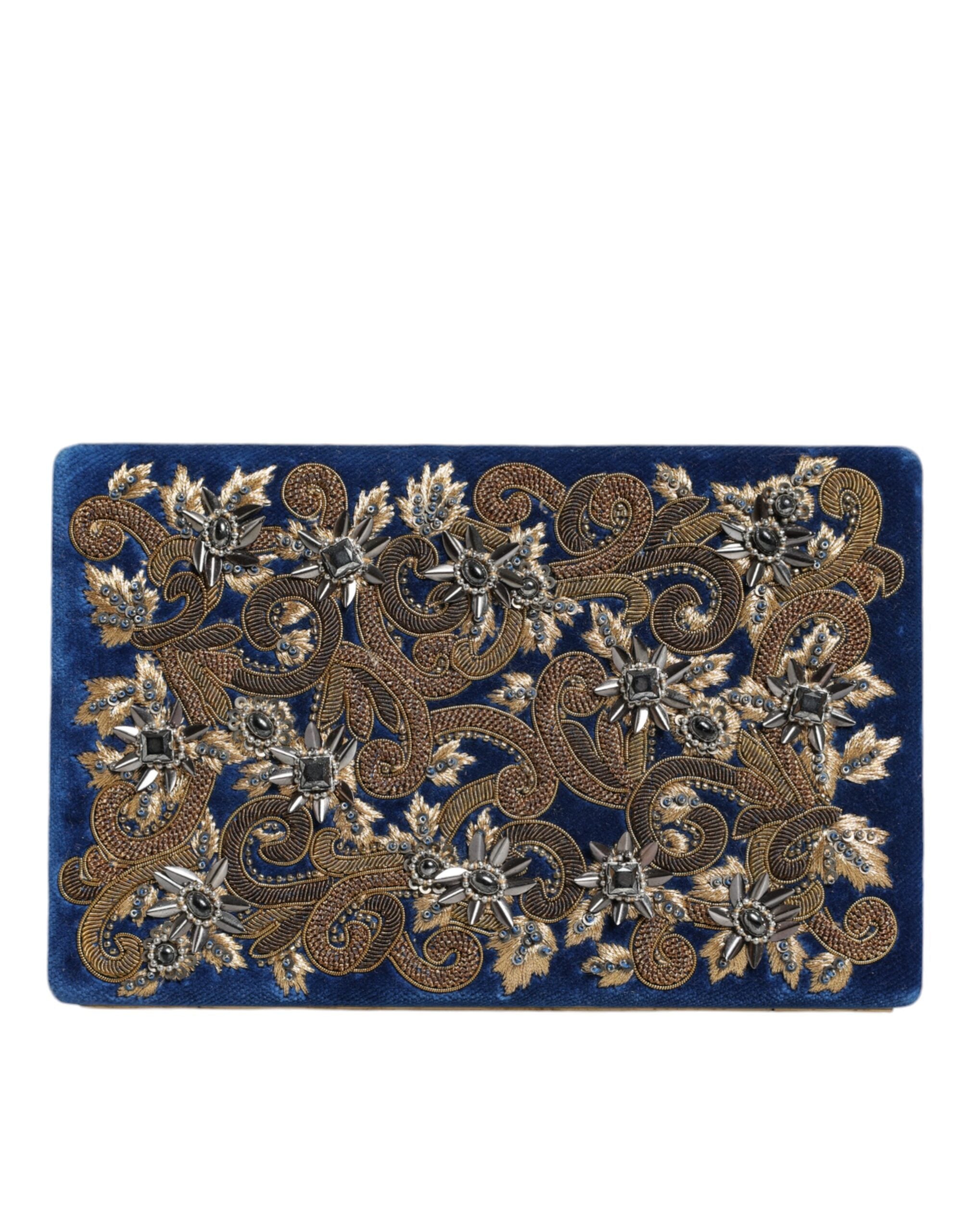 Dolce & Gabbana Blue Velvet Gold Frame Clutch Evening Party Purse Bag.