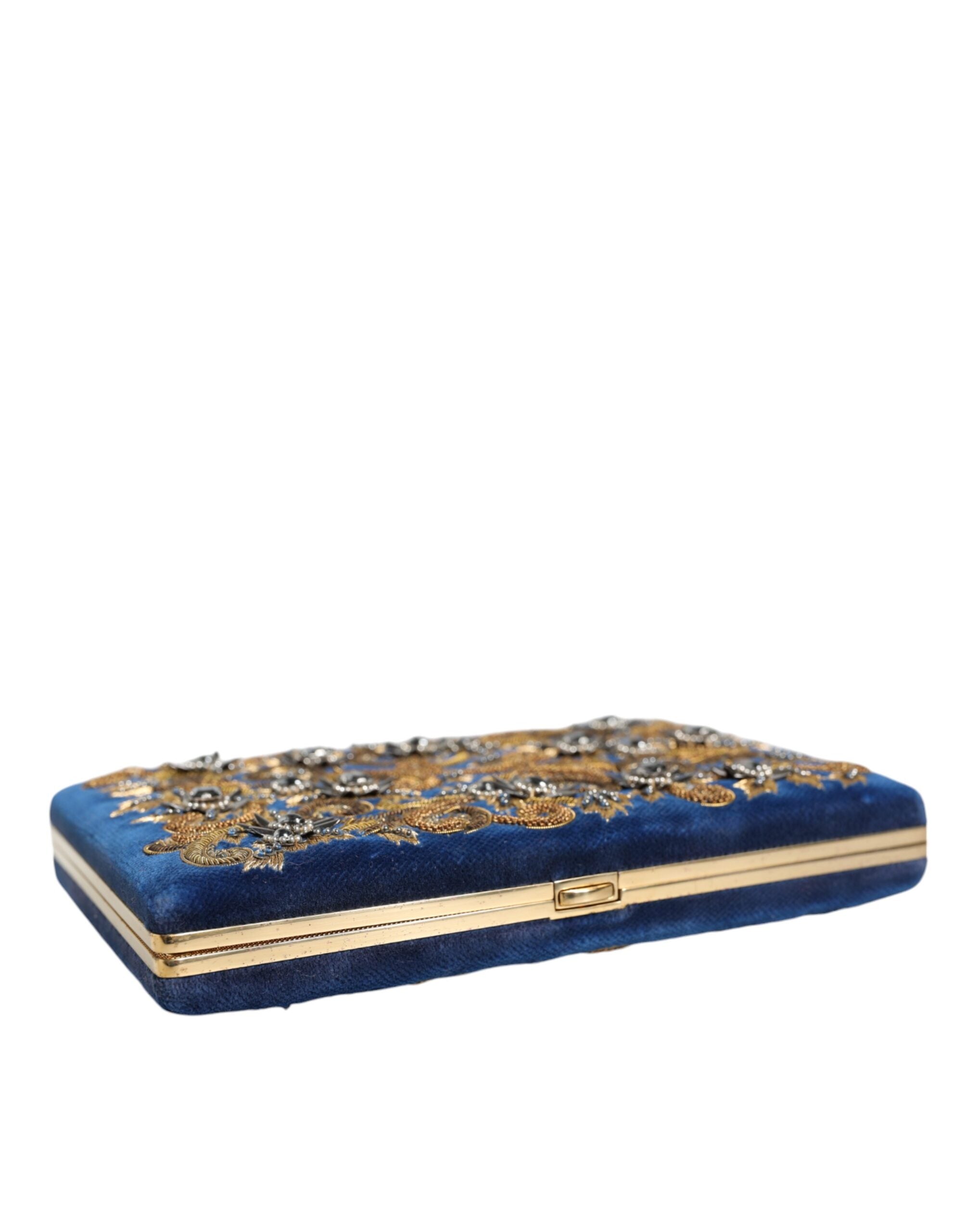 Dolce & Gabbana Blue Velvet Gold Frame Clutch Evening Party Purse Bag.