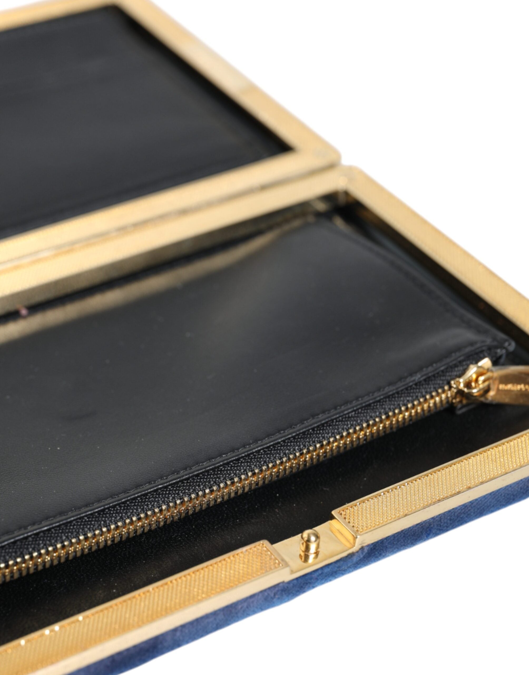 Dolce & Gabbana Blue Velvet Gold Frame Clutch Evening Party Purse Bag.