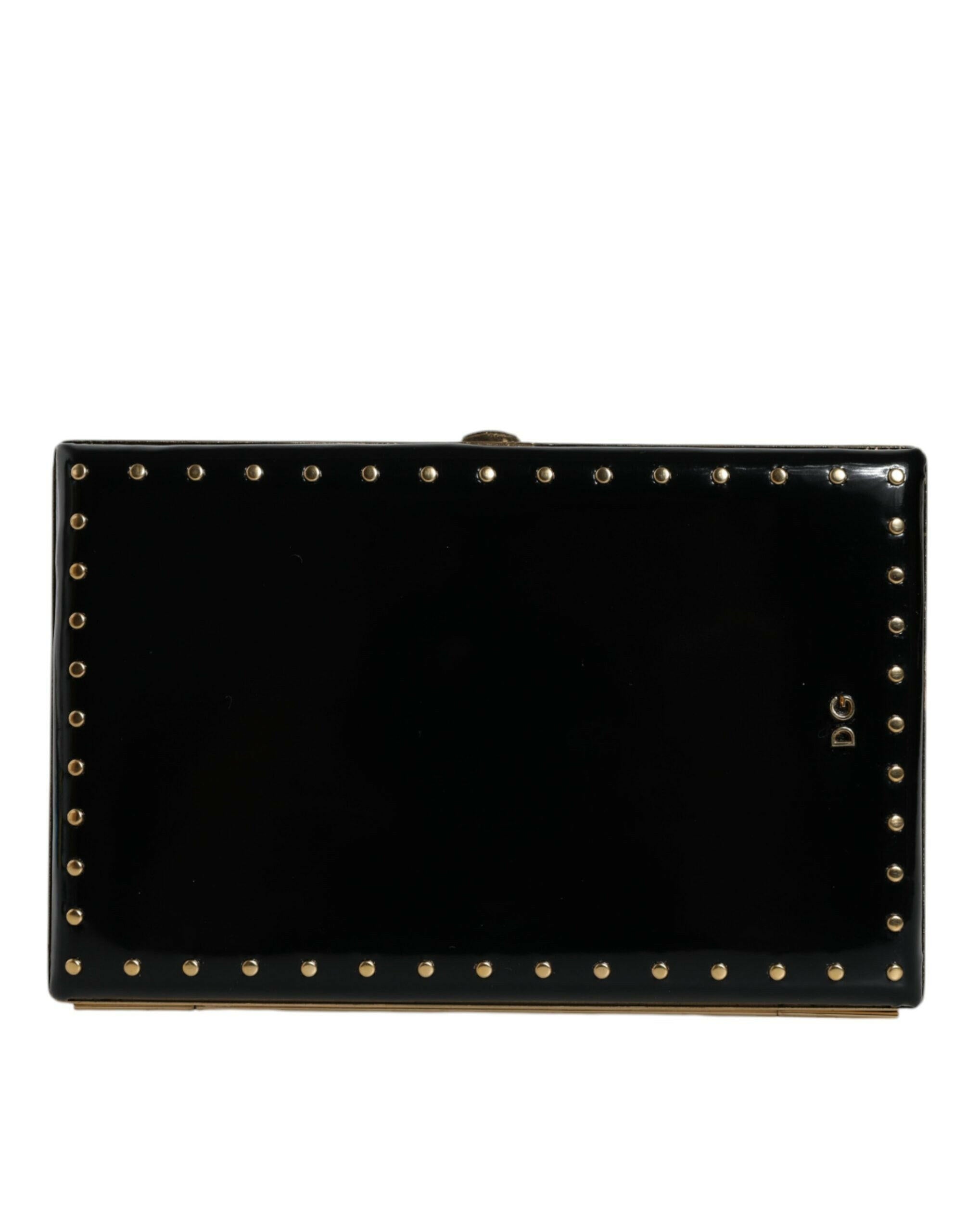 Dolce & Gabbana Black Leather Studs Gold Frame Clutch Evening Purse Bag.