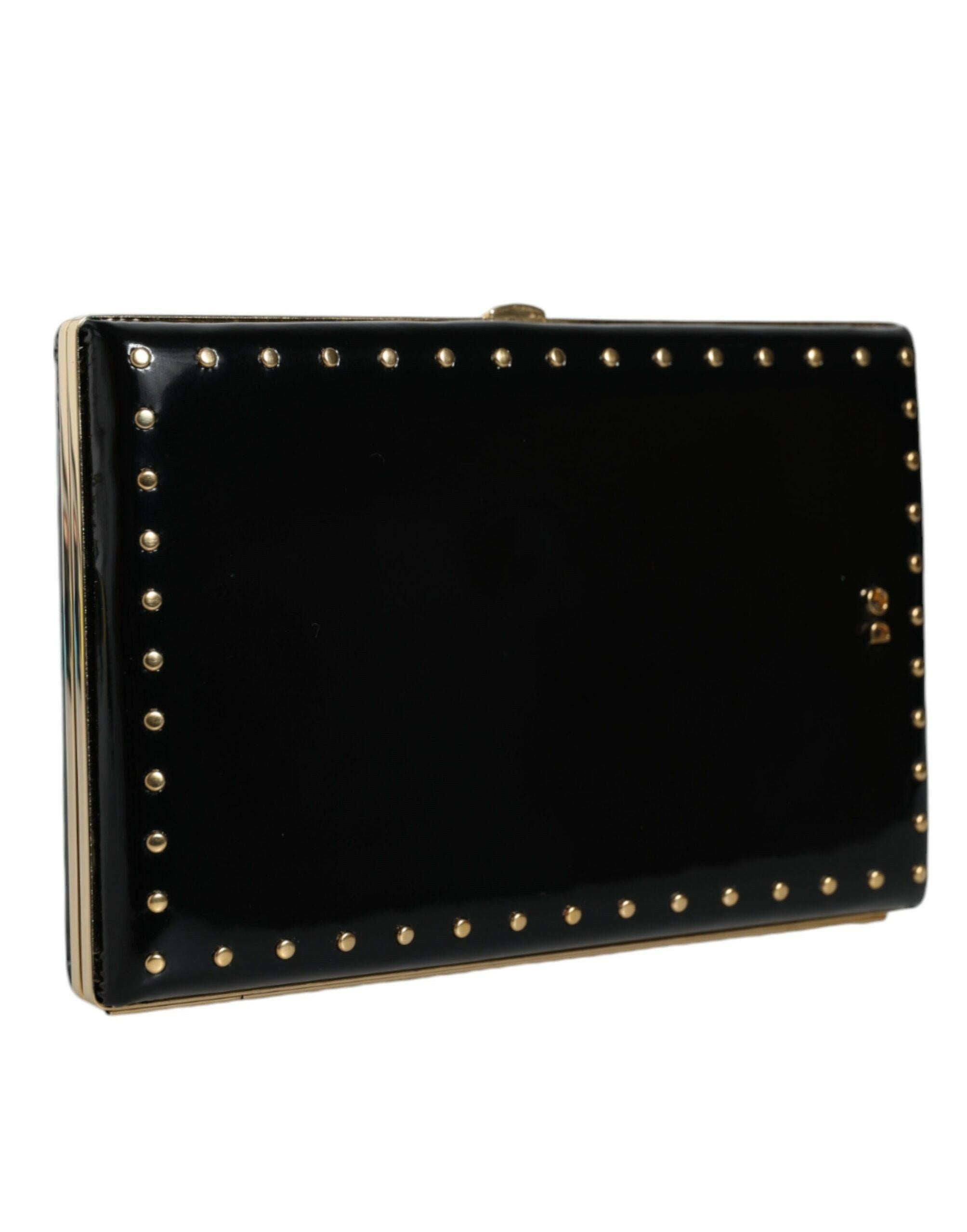 Dolce & Gabbana Black Leather Studs Gold Frame Clutch Evening Purse Bag.