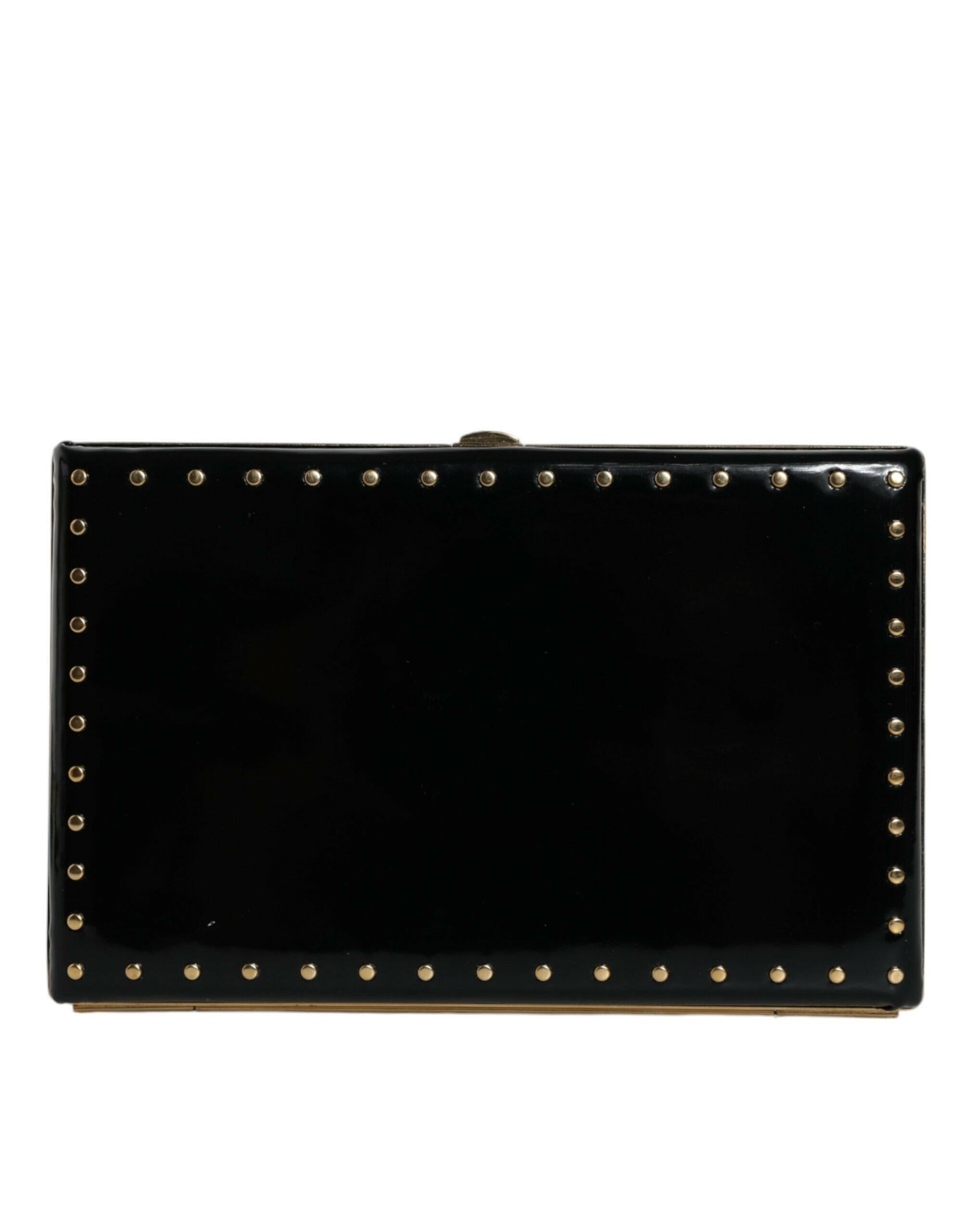 Dolce & Gabbana Black Leather Studs Gold Frame Clutch Evening Purse Bag.