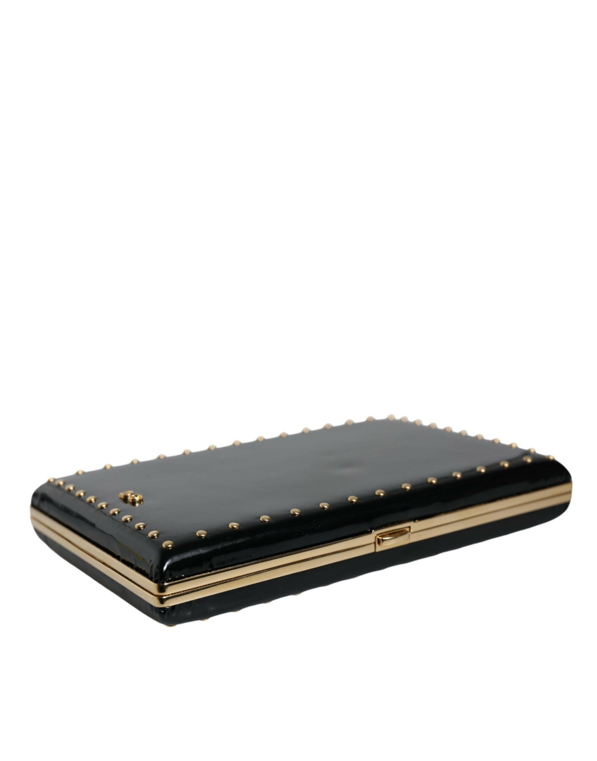 Dolce & Gabbana Black Leather Studs Gold Frame Clutch Evening Purse Bag.
