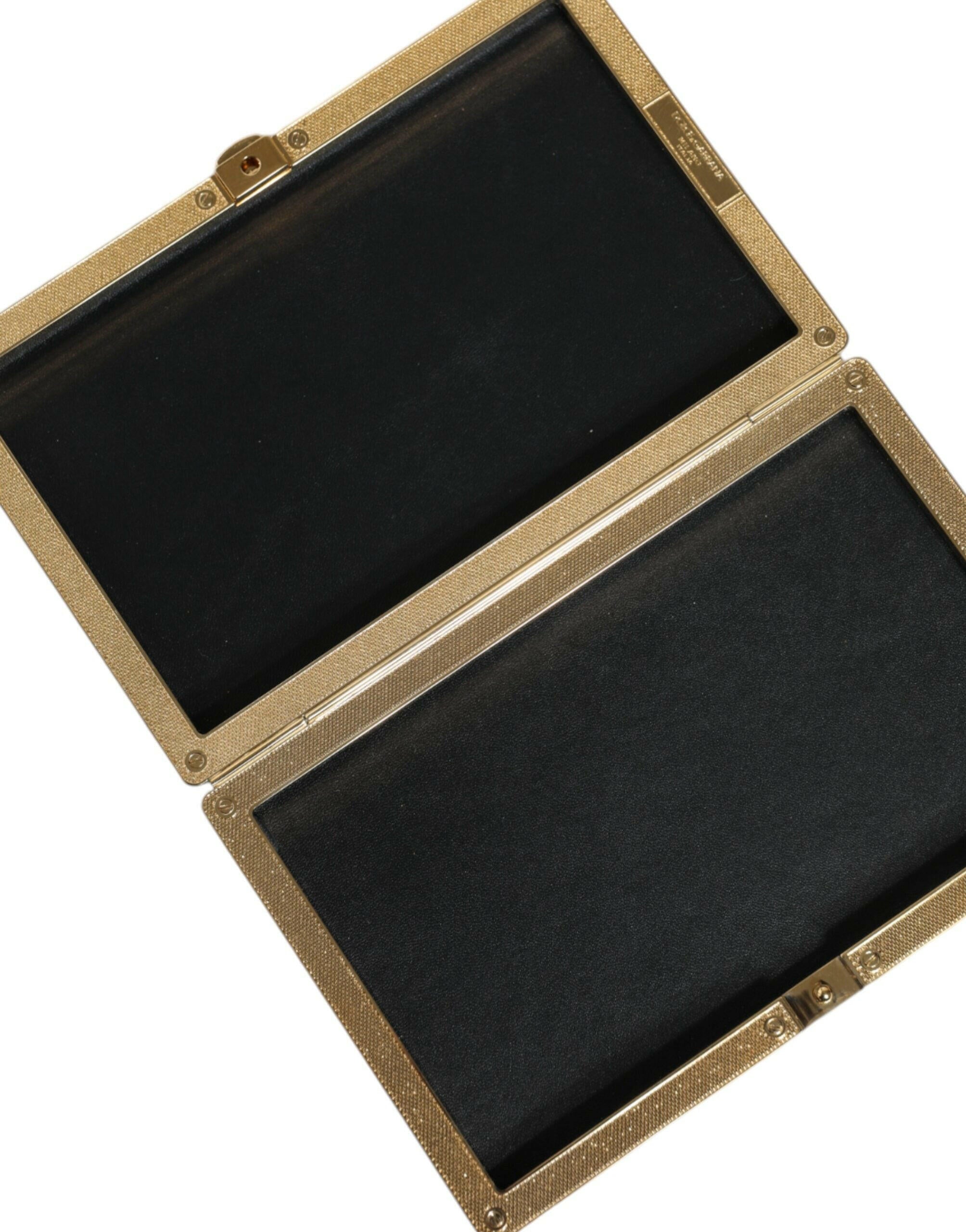 Dolce & Gabbana Black Leather Studs Gold Frame Clutch Evening Purse Bag.