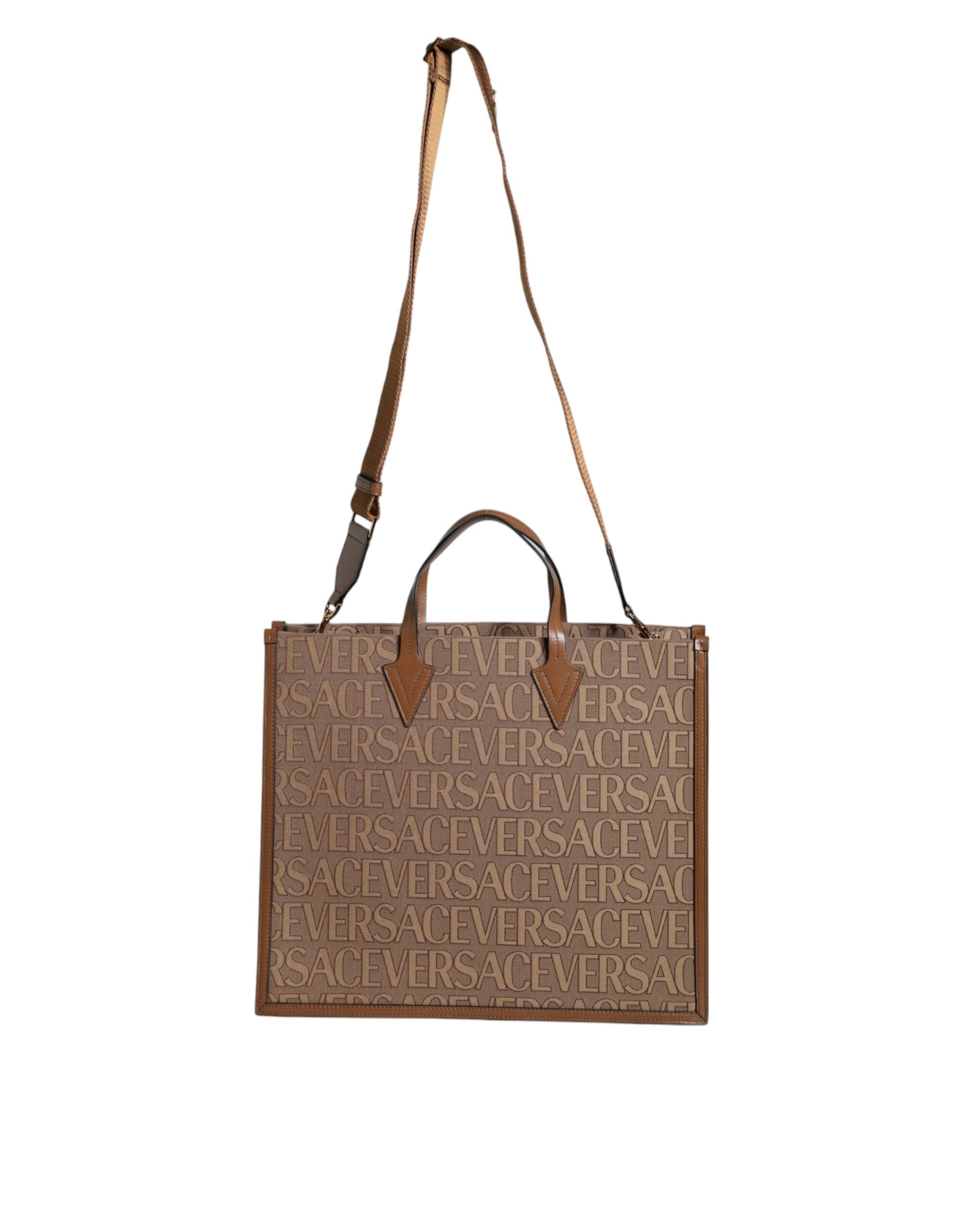 Versace Brown Top Handle Jacquard Leather Logo Crossbody Tote Bag Versace