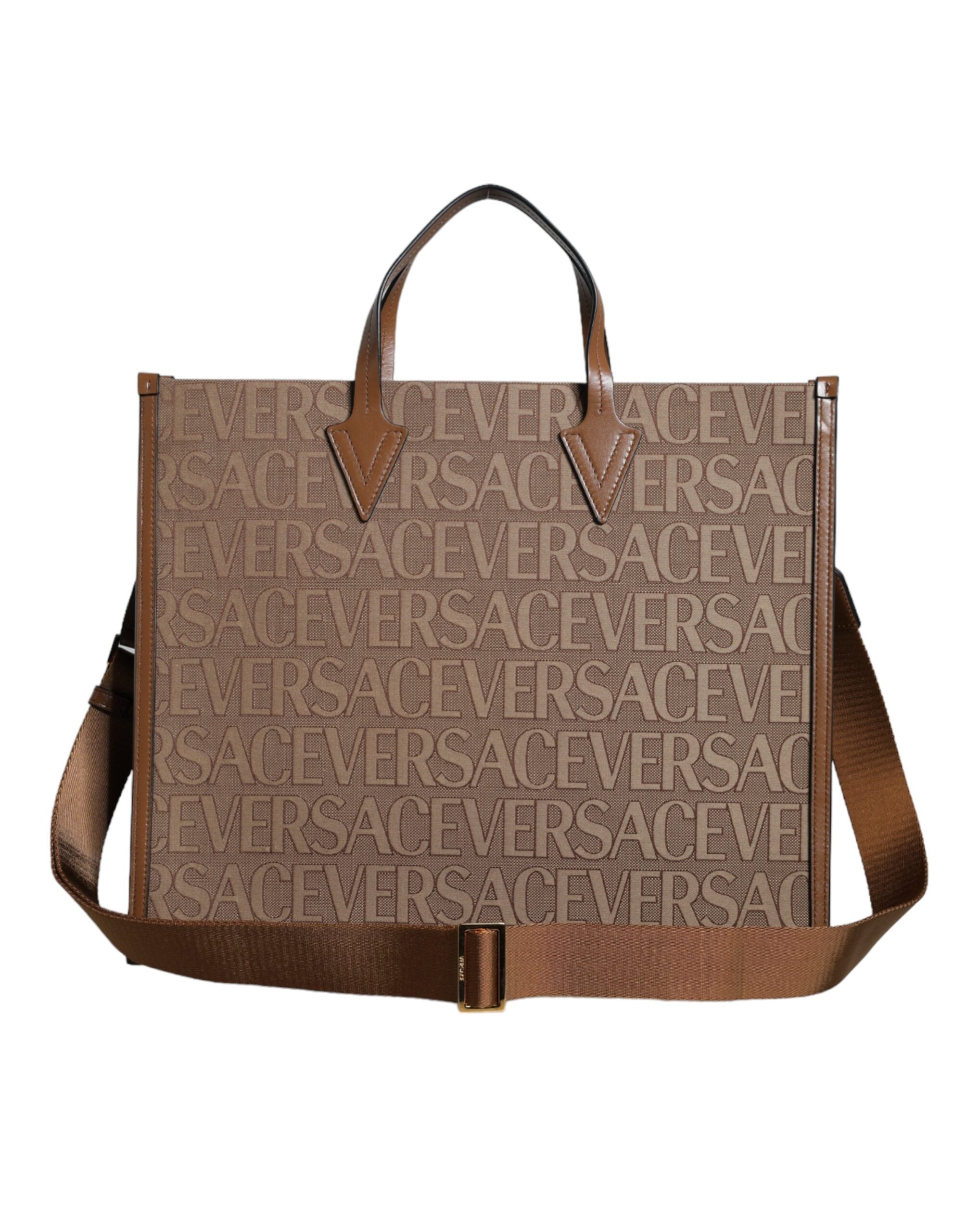 Versace Brown Top Handle Jacquard Leather Logo Crossbody Tote Bag Versace