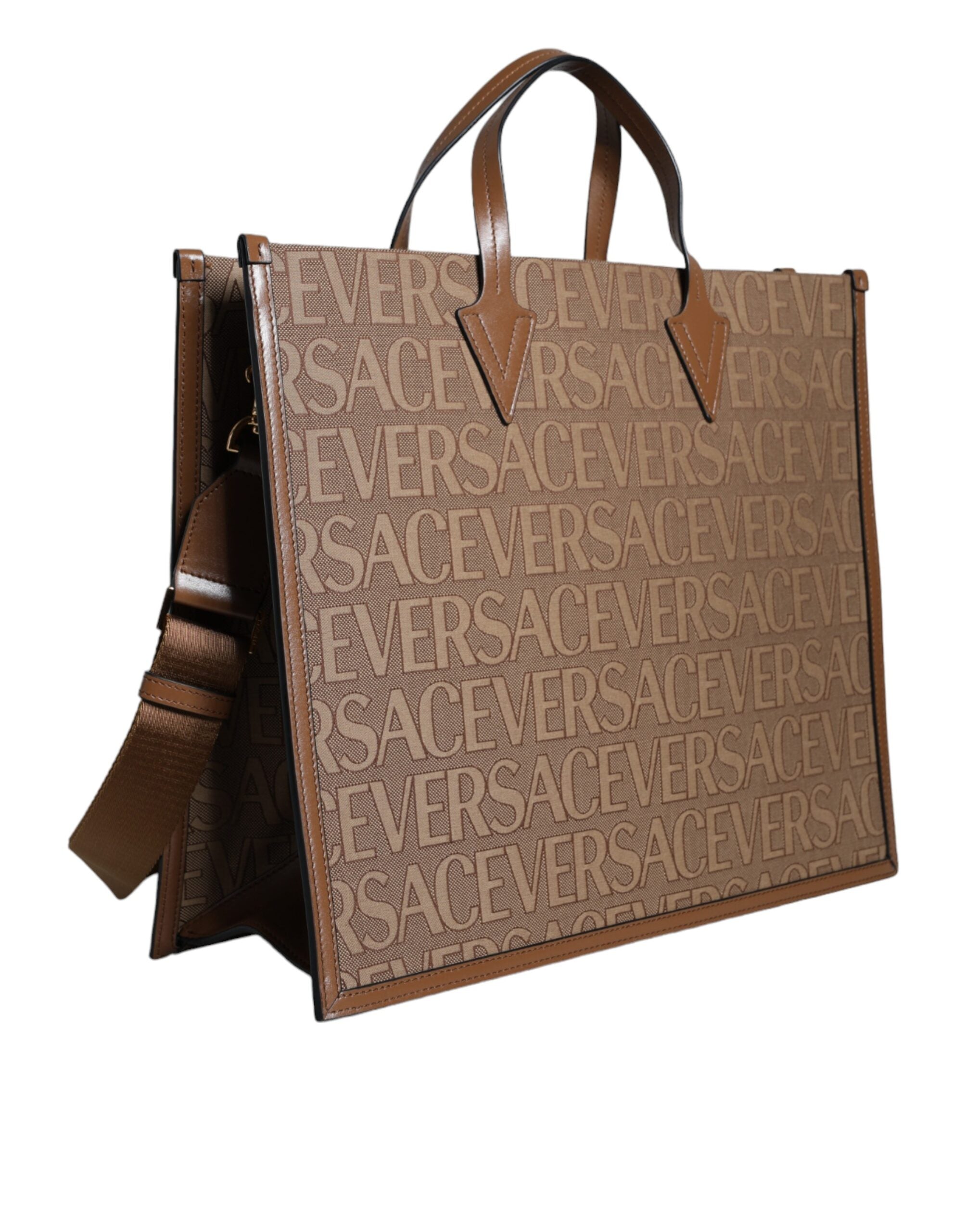 Versace Brown Top Handle Jacquard Leather Logo Crossbody Tote Bag Versace